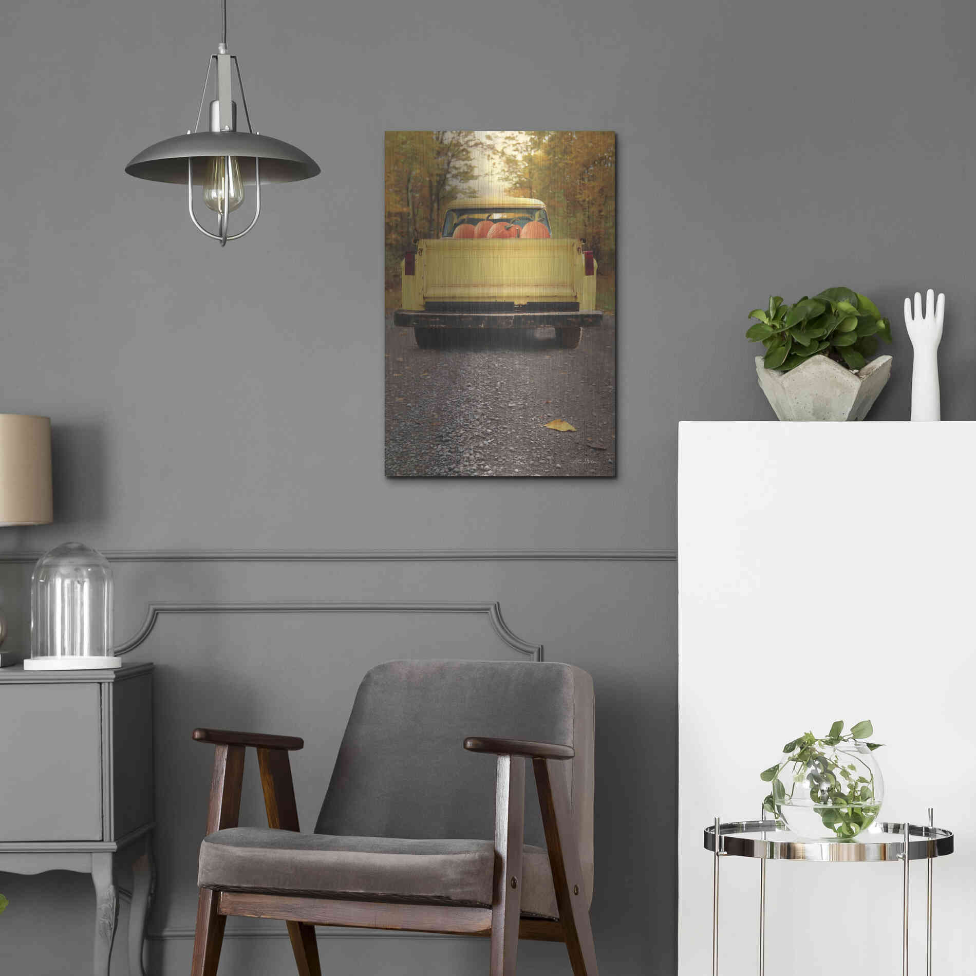 Luxe Metal Art 'Yellow Pumpkin Hauler' by Lori Deiter, Metal Wall Art,16x24