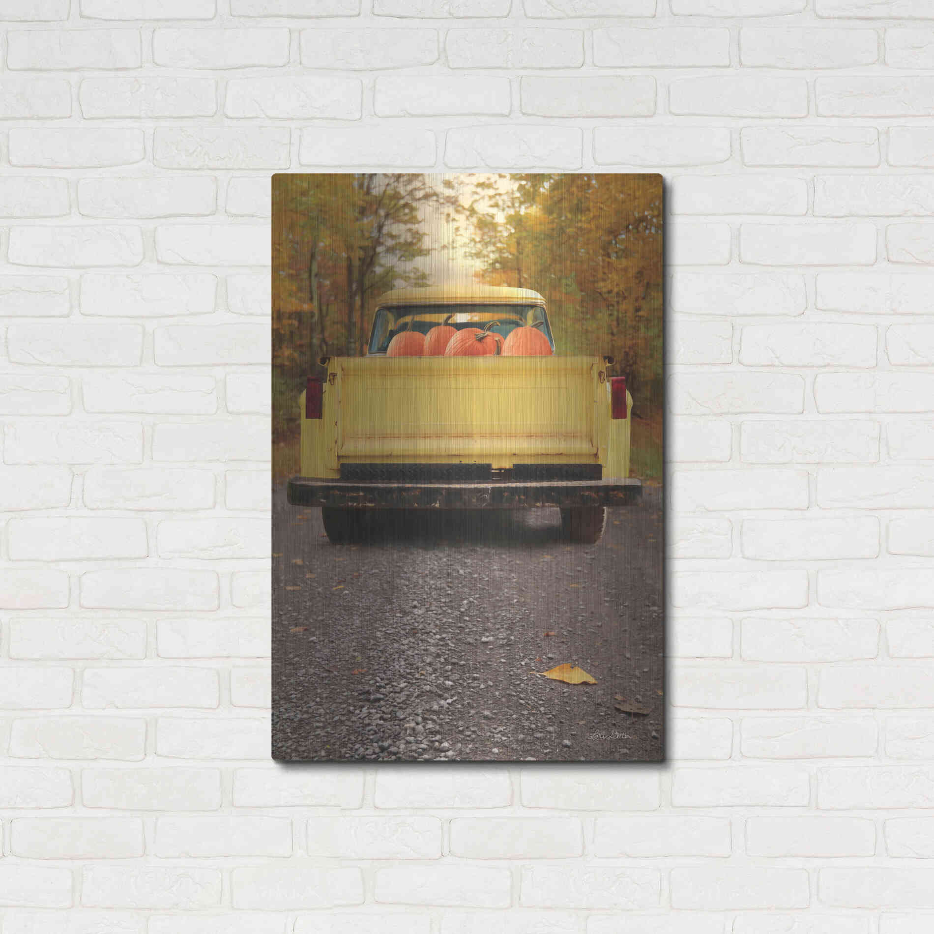 Luxe Metal Art 'Yellow Pumpkin Hauler' by Lori Deiter, Metal Wall Art,24x36