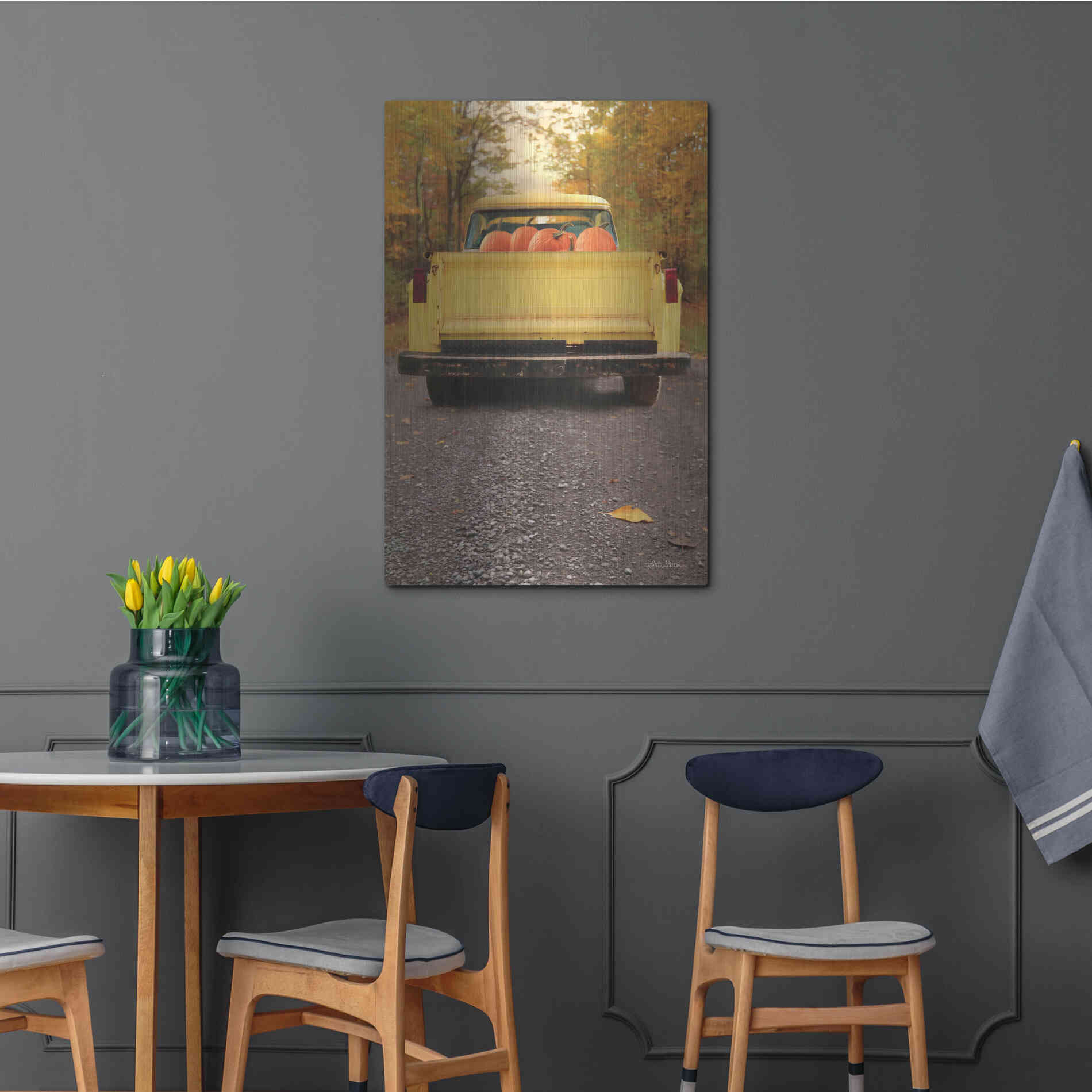 Luxe Metal Art 'Yellow Pumpkin Hauler' by Lori Deiter, Metal Wall Art,24x36