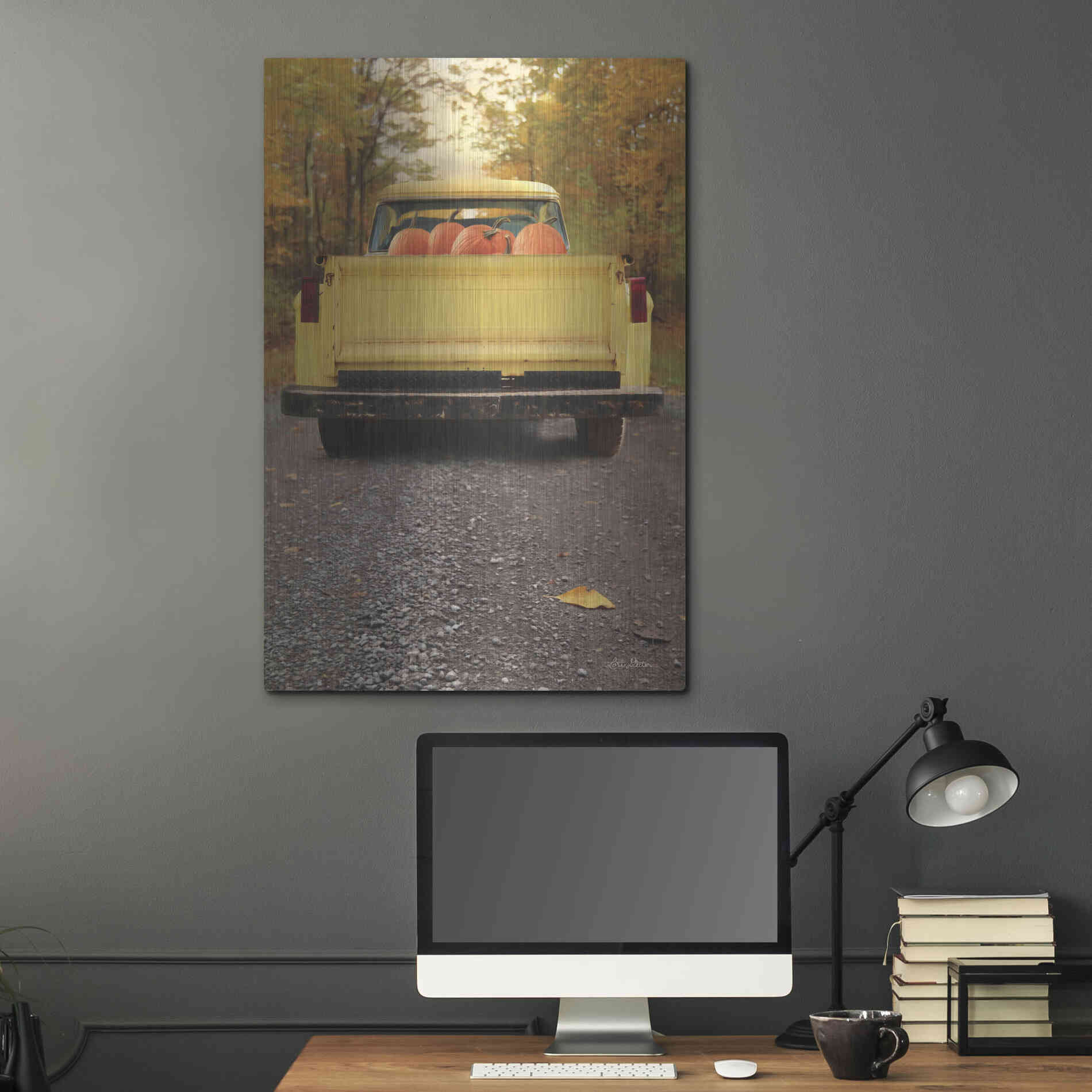 Luxe Metal Art 'Yellow Pumpkin Hauler' by Lori Deiter, Metal Wall Art,24x36