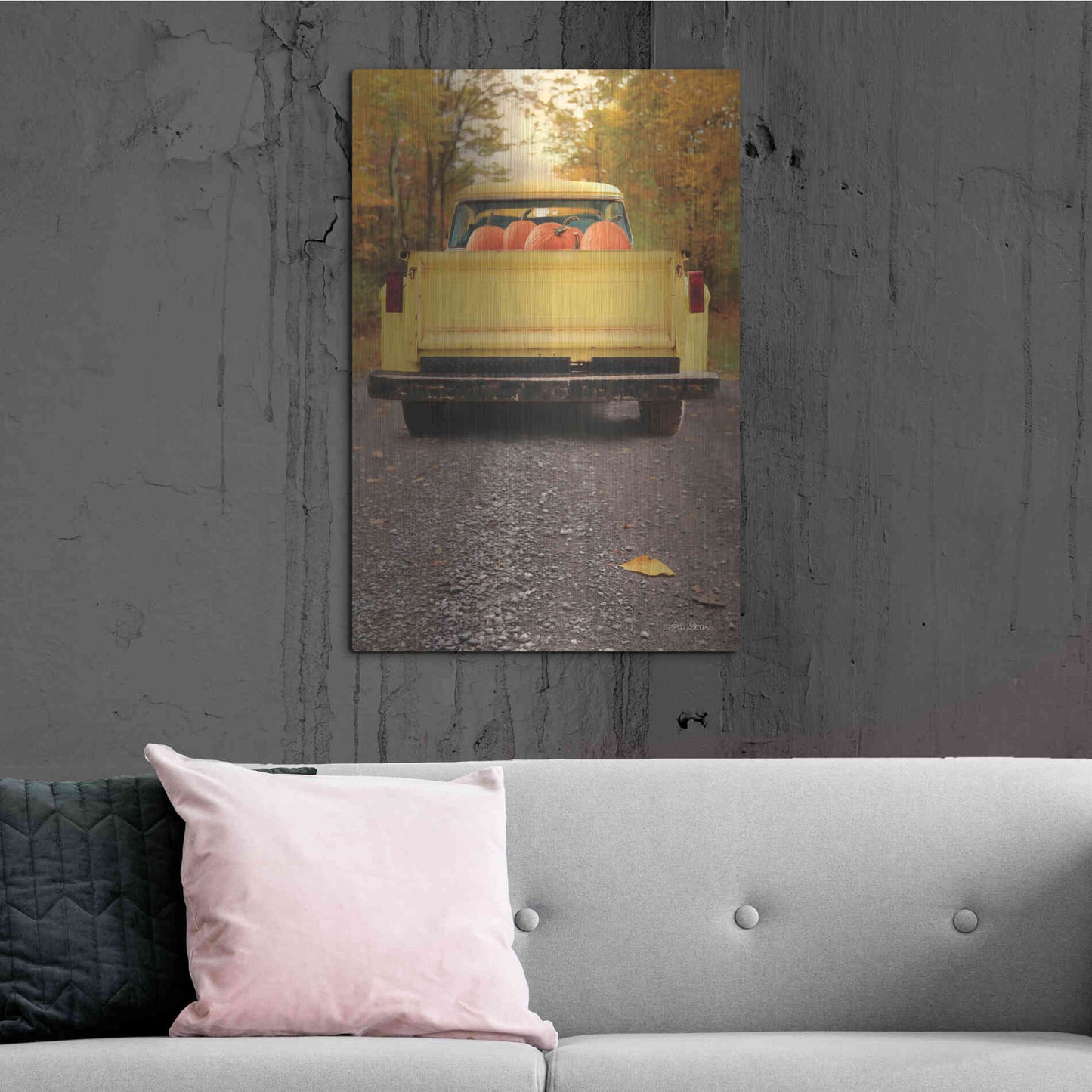 Luxe Metal Art 'Yellow Pumpkin Hauler' by Lori Deiter, Metal Wall Art,24x36