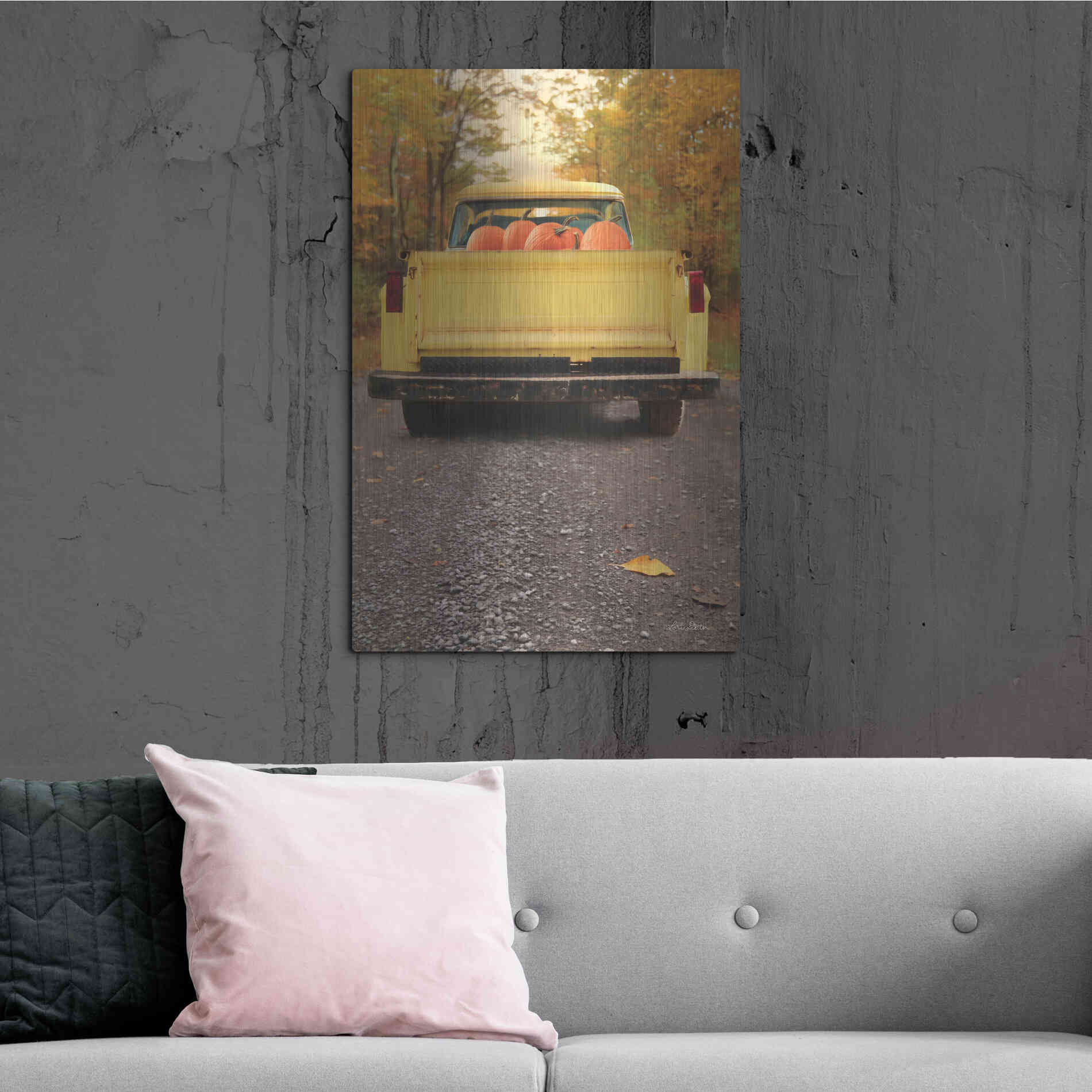 Luxe Metal Art 'Yellow Pumpkin Hauler' by Lori Deiter, Metal Wall Art,24x36