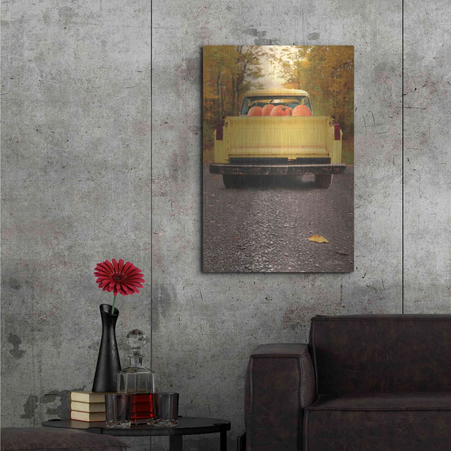 Luxe Metal Art 'Yellow Pumpkin Hauler' by Lori Deiter, Metal Wall Art,24x36