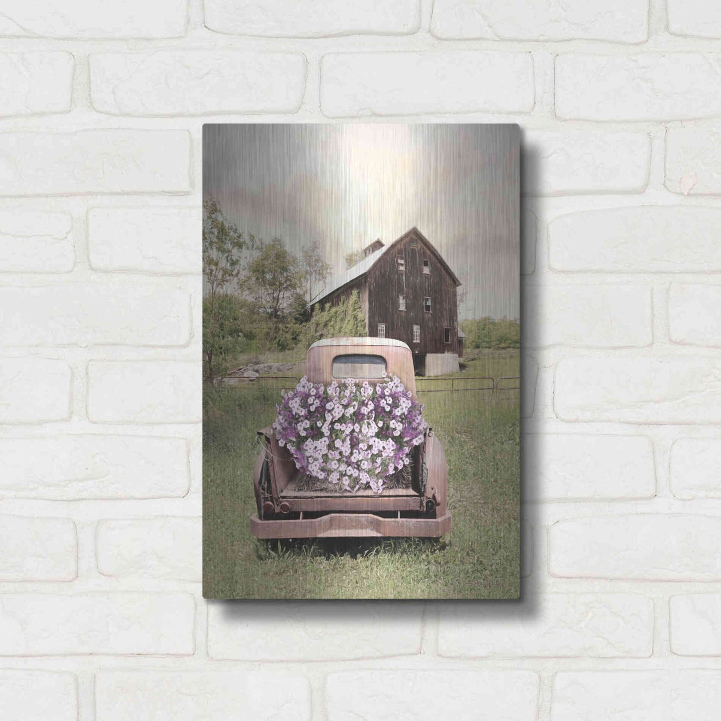 Luxe Metal Art 'Petunia Truck' by Lori Deiter, Metal Wall Art,12x16