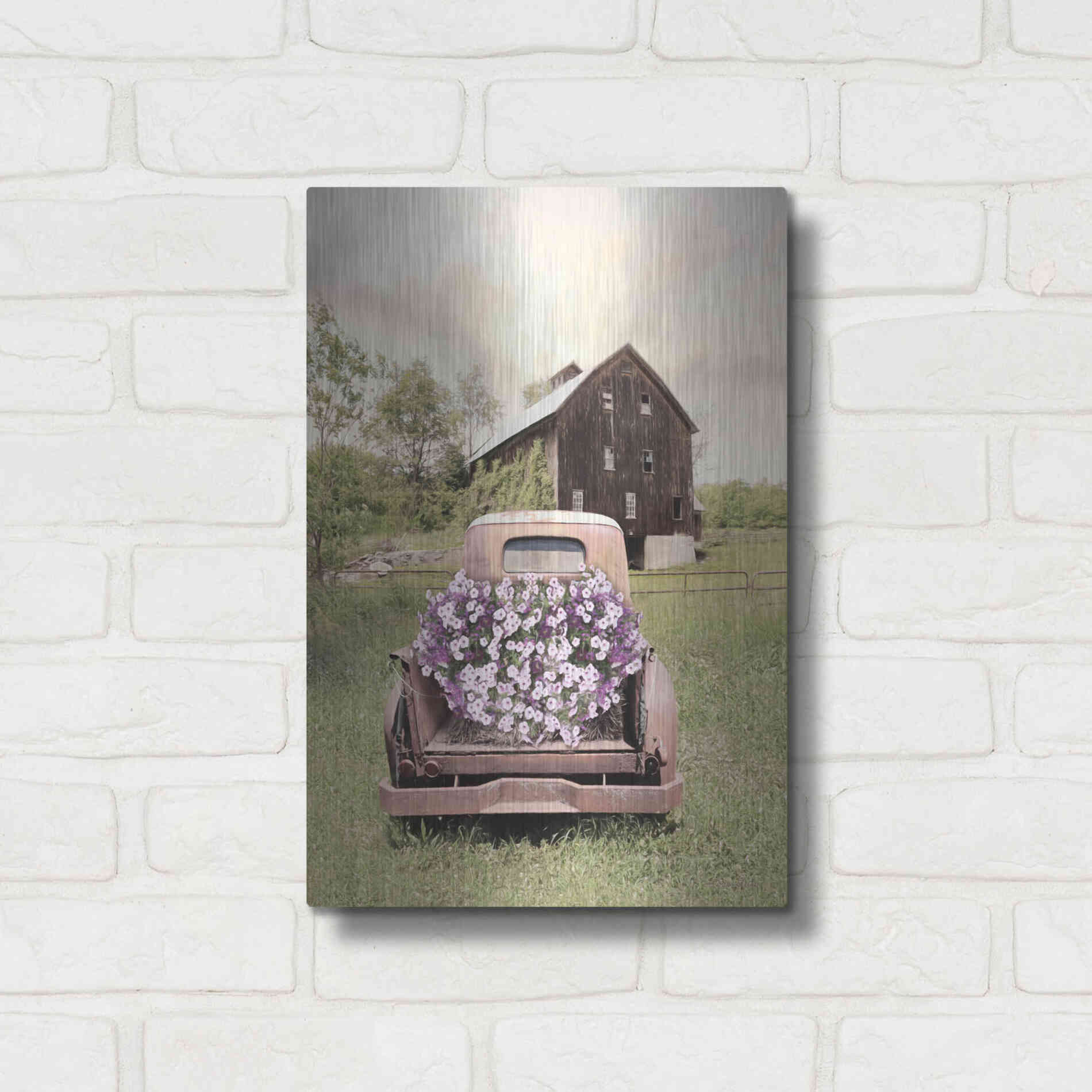Luxe Metal Art 'Petunia Truck' by Lori Deiter, Metal Wall Art,12x16