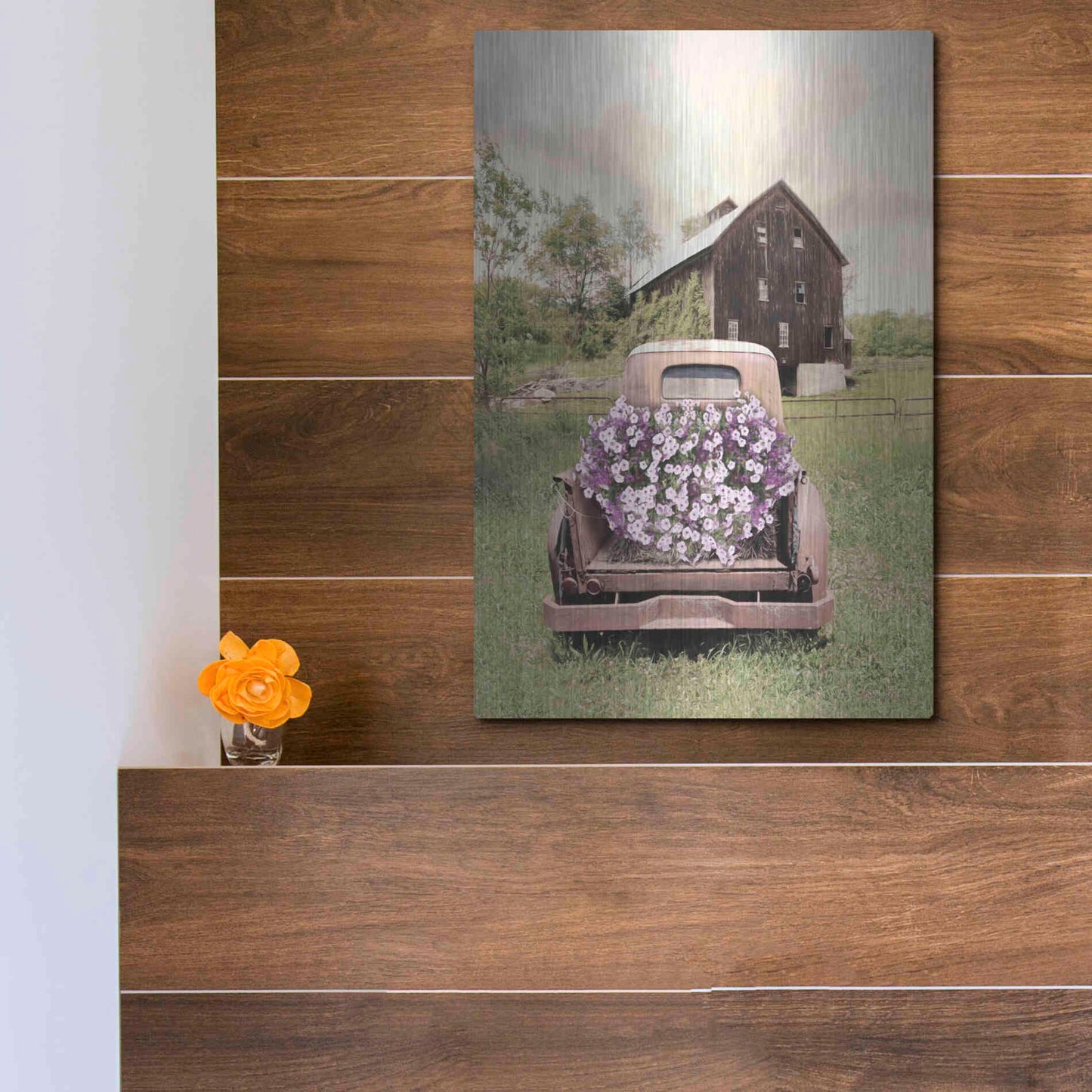 Luxe Metal Art 'Petunia Truck' by Lori Deiter, Metal Wall Art,12x16