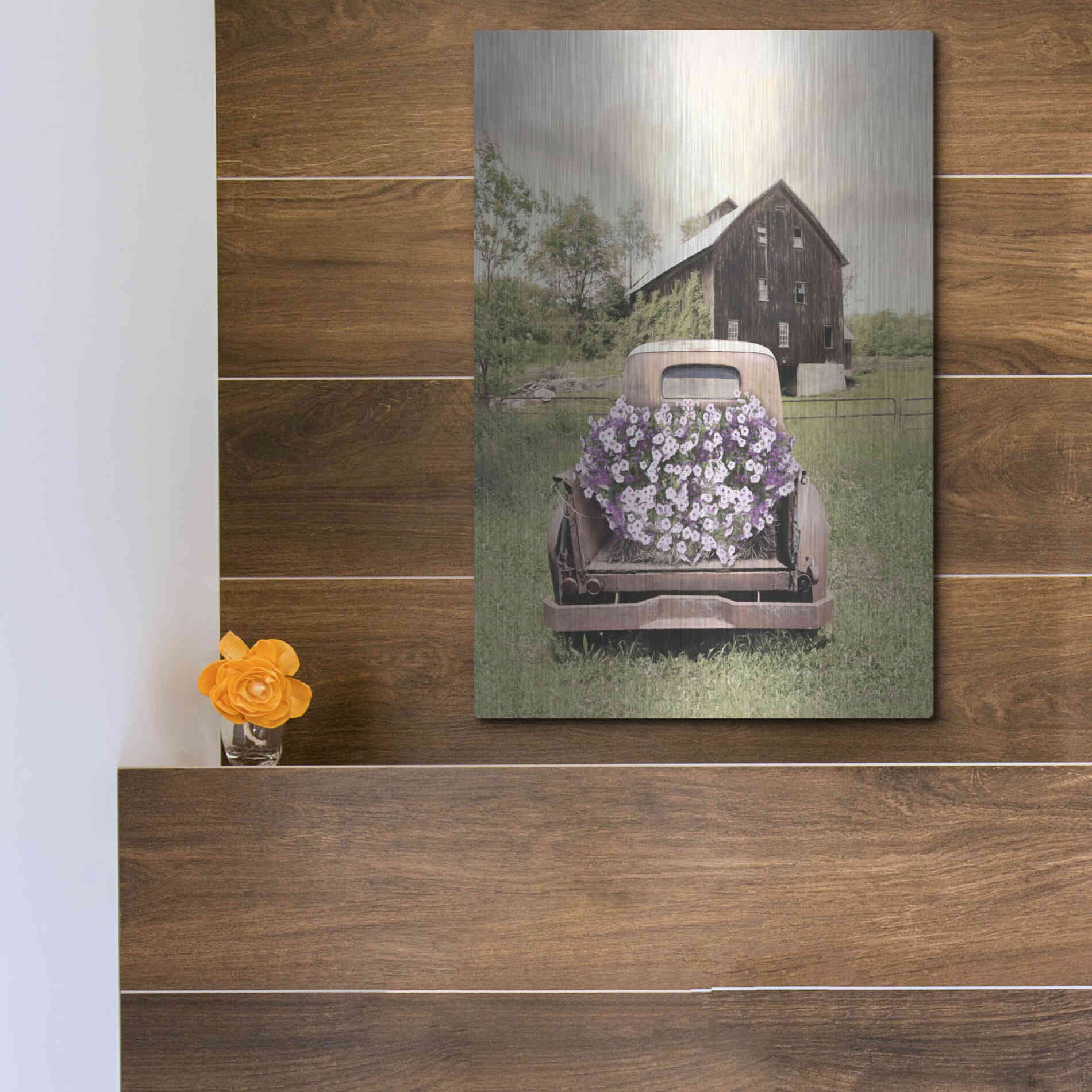 Luxe Metal Art 'Petunia Truck' by Lori Deiter, Metal Wall Art,12x16