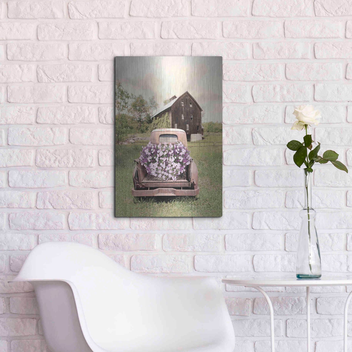 Luxe Metal Art 'Petunia Truck' by Lori Deiter, Metal Wall Art,16x24