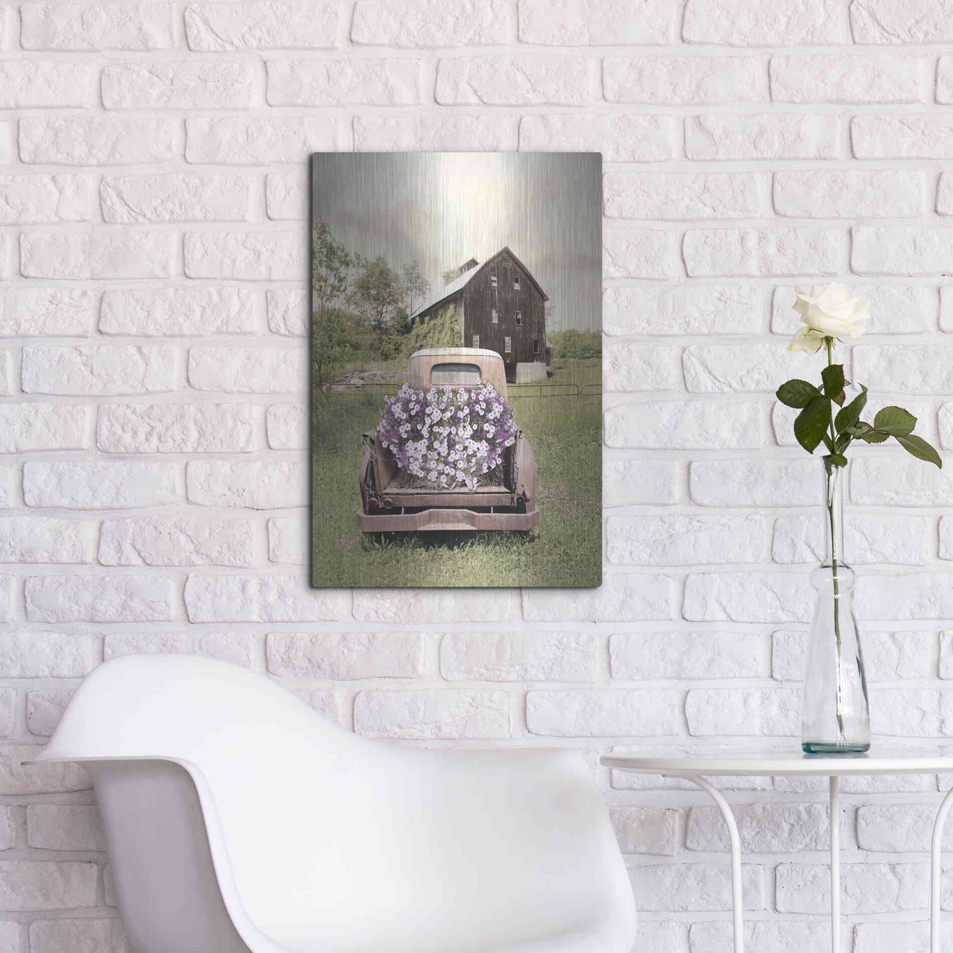 Luxe Metal Art 'Petunia Truck' by Lori Deiter, Metal Wall Art,16x24