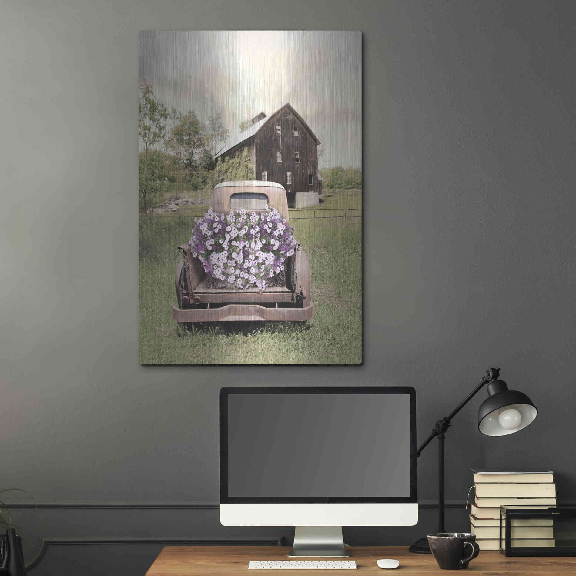 Luxe Metal Art 'Petunia Truck' by Lori Deiter, Metal Wall Art,24x36