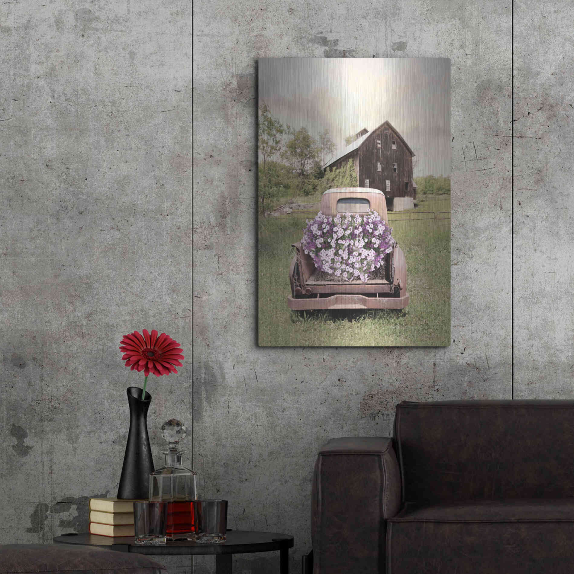 Luxe Metal Art 'Petunia Truck' by Lori Deiter, Metal Wall Art,24x36