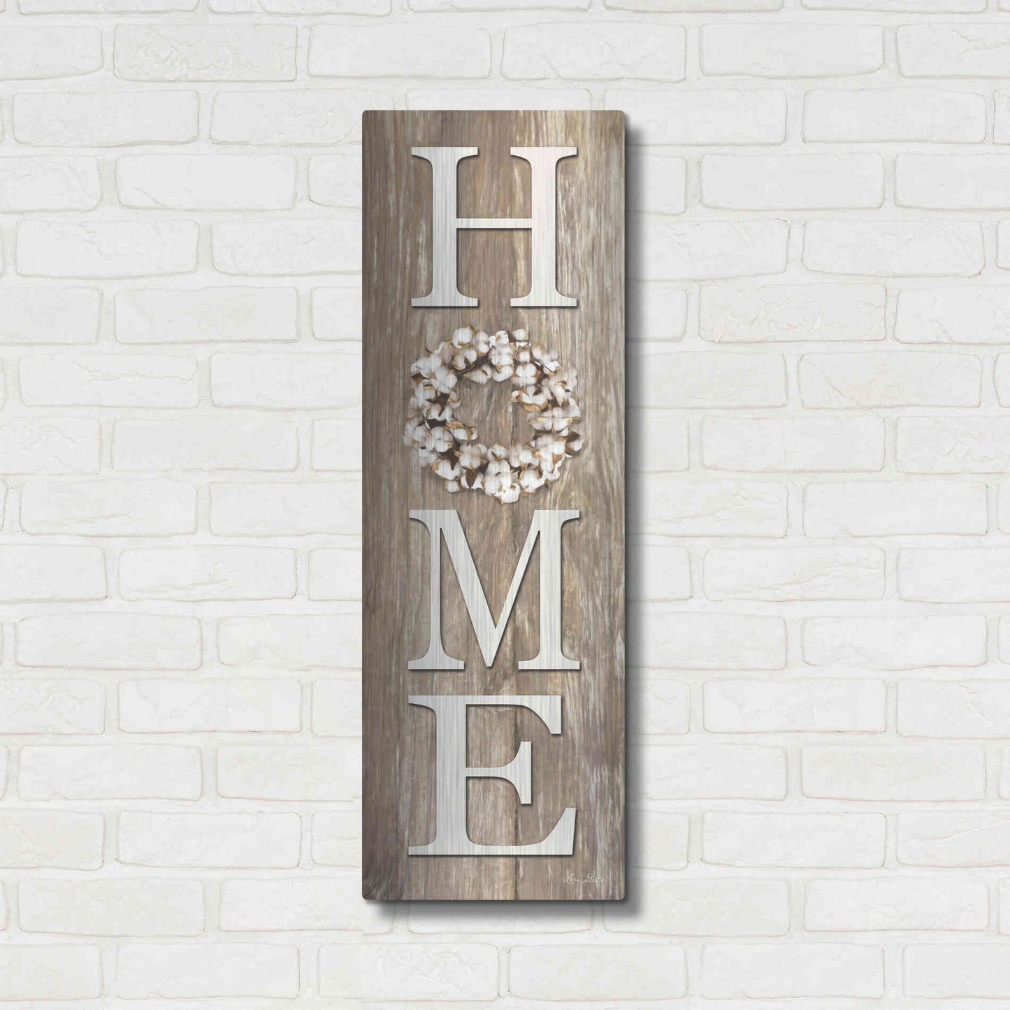 Luxe Metal Art 'Cotton Wreath Home' by Lori Deiter, Metal Wall Art,12x36