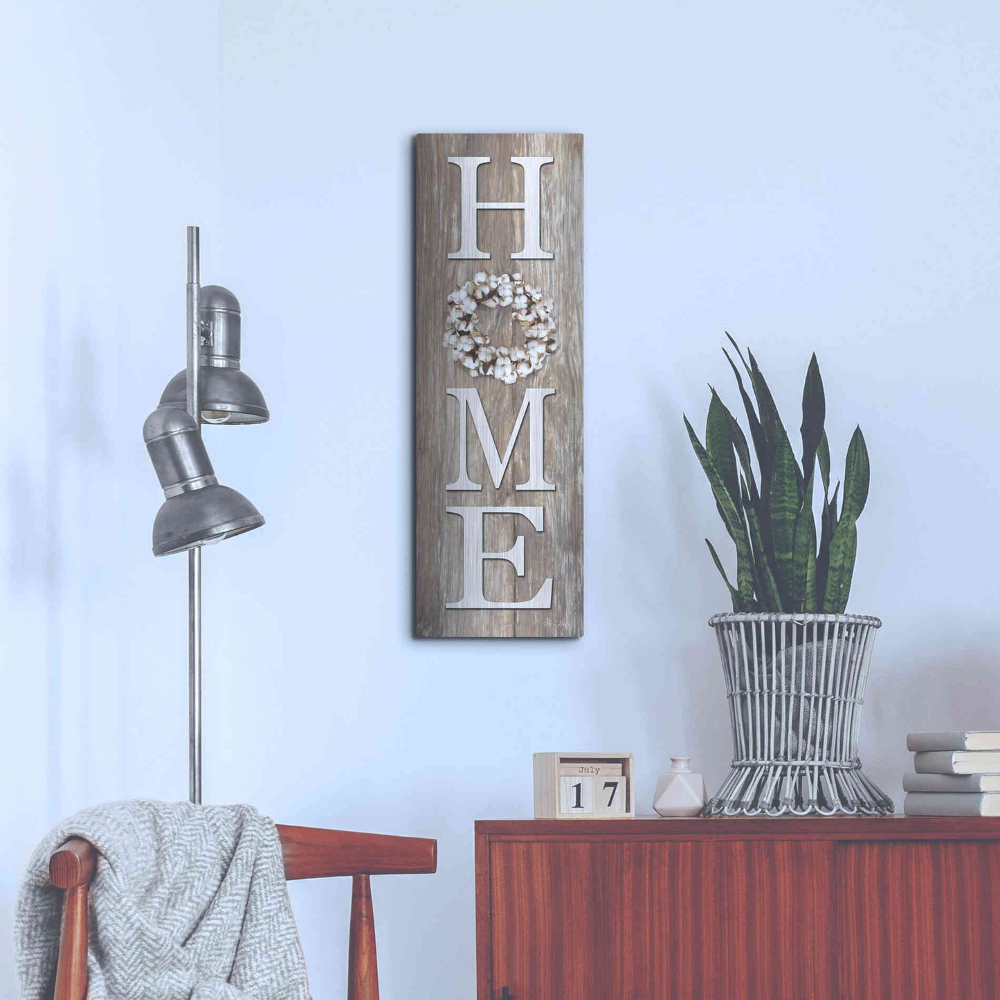 Luxe Metal Art 'Cotton Wreath Home' by Lori Deiter, Metal Wall Art,12x36