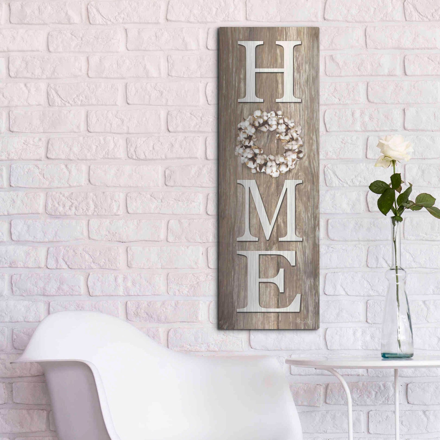 Luxe Metal Art 'Cotton Wreath Home' by Lori Deiter, Metal Wall Art,12x36