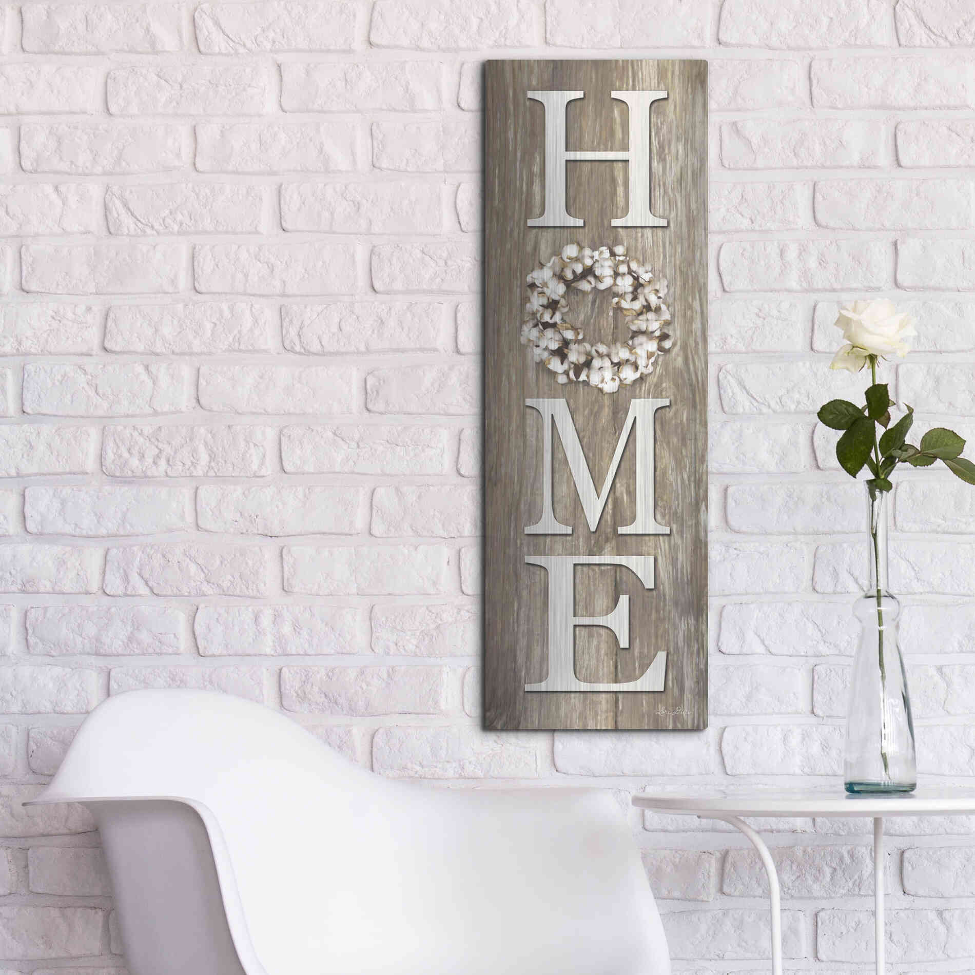 Luxe Metal Art 'Cotton Wreath Home' by Lori Deiter, Metal Wall Art,12x36