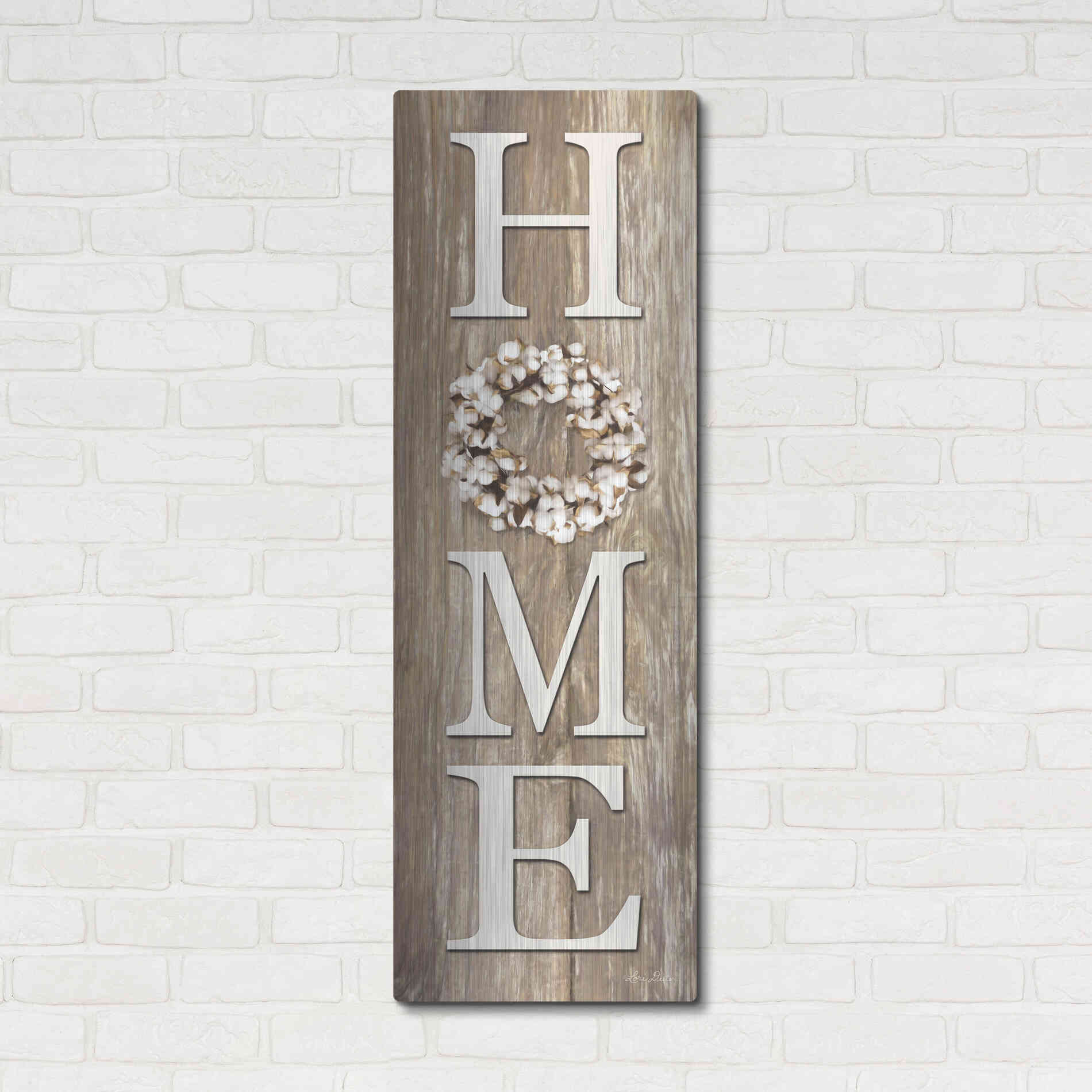 Luxe Metal Art 'Cotton Wreath Home' by Lori Deiter, Metal Wall Art,16x48