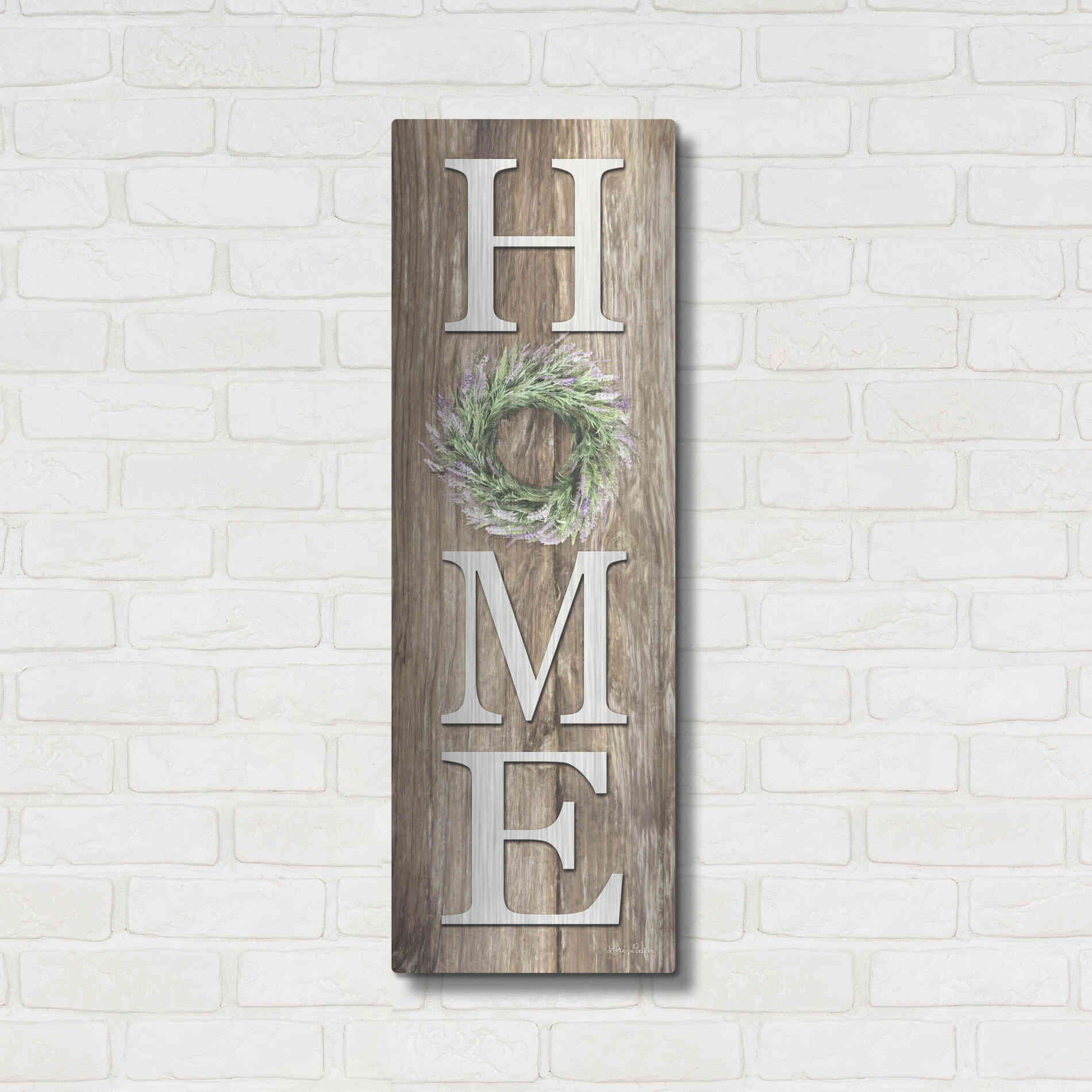 Luxe Metal Art 'Lavender Wreath Home' by Lori Deiter, Metal Wall Art,12x36