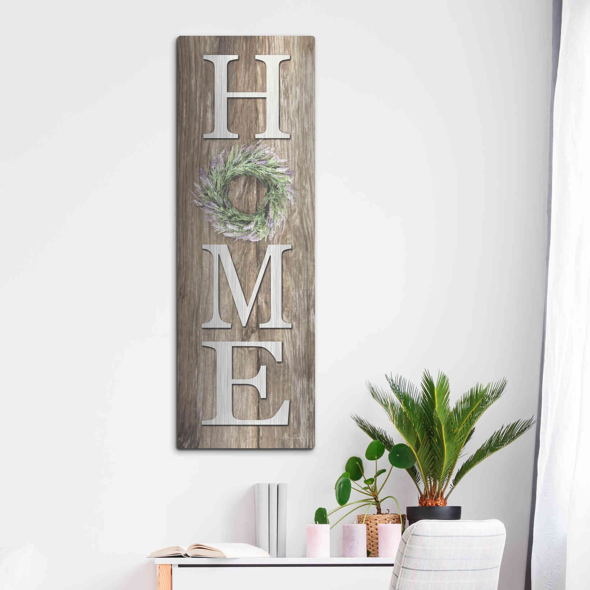 Luxe Metal Art 'Lavender Wreath Home' by Lori Deiter, Metal Wall Art,16x48