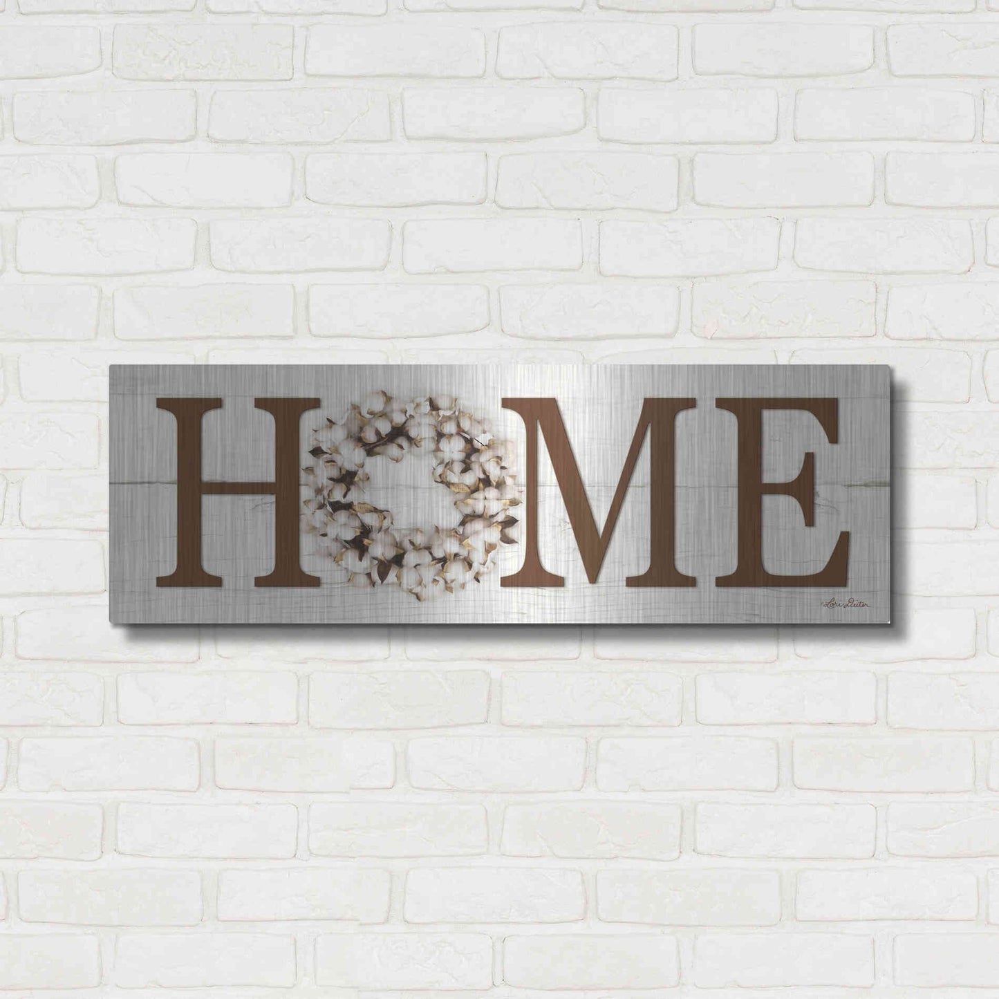 Luxe Metal Art 'Cotton Wreath Home Vertical' by Lori Deiter, Metal Wall Art,36x12