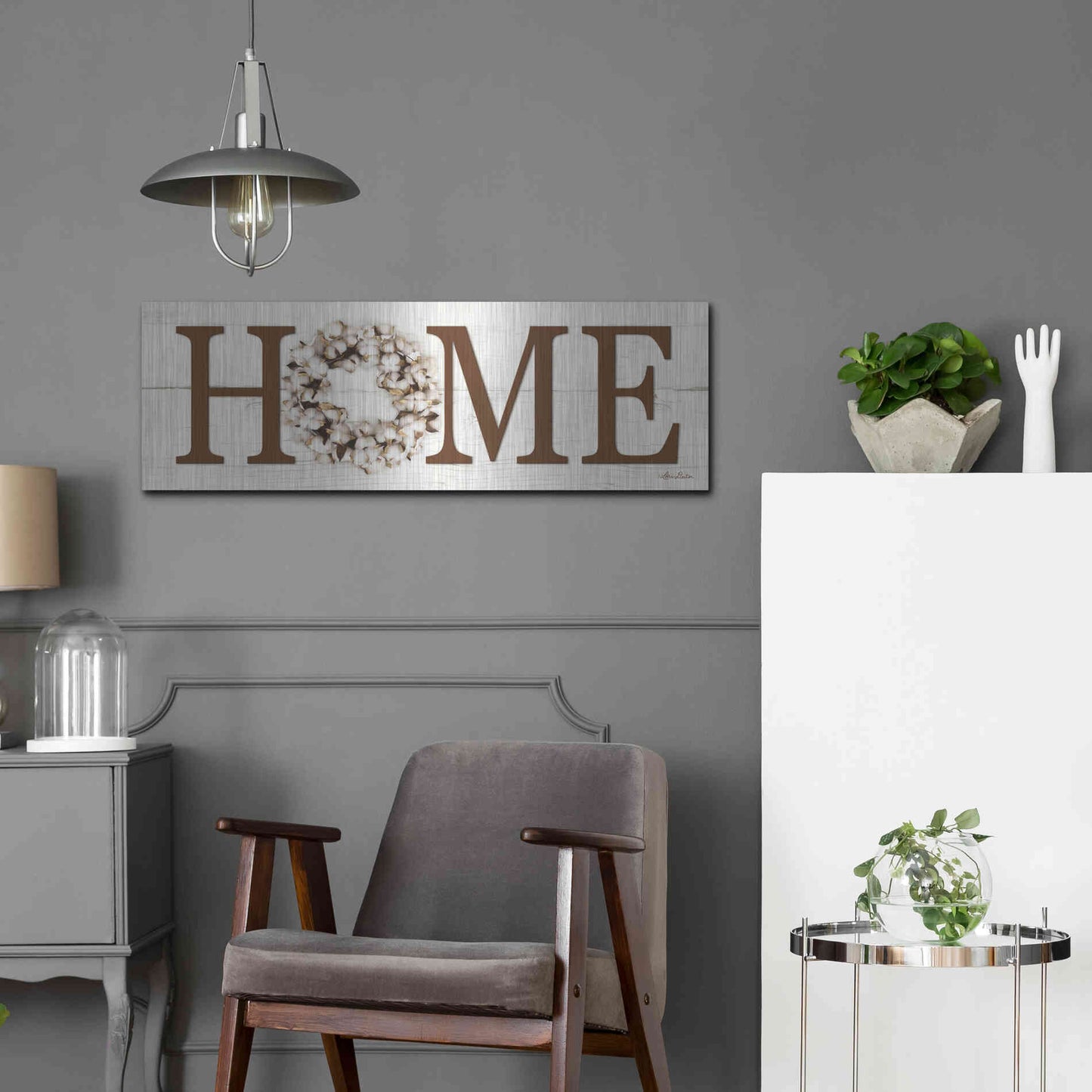 Luxe Metal Art 'Cotton Wreath Home Vertical' by Lori Deiter, Metal Wall Art,36x12