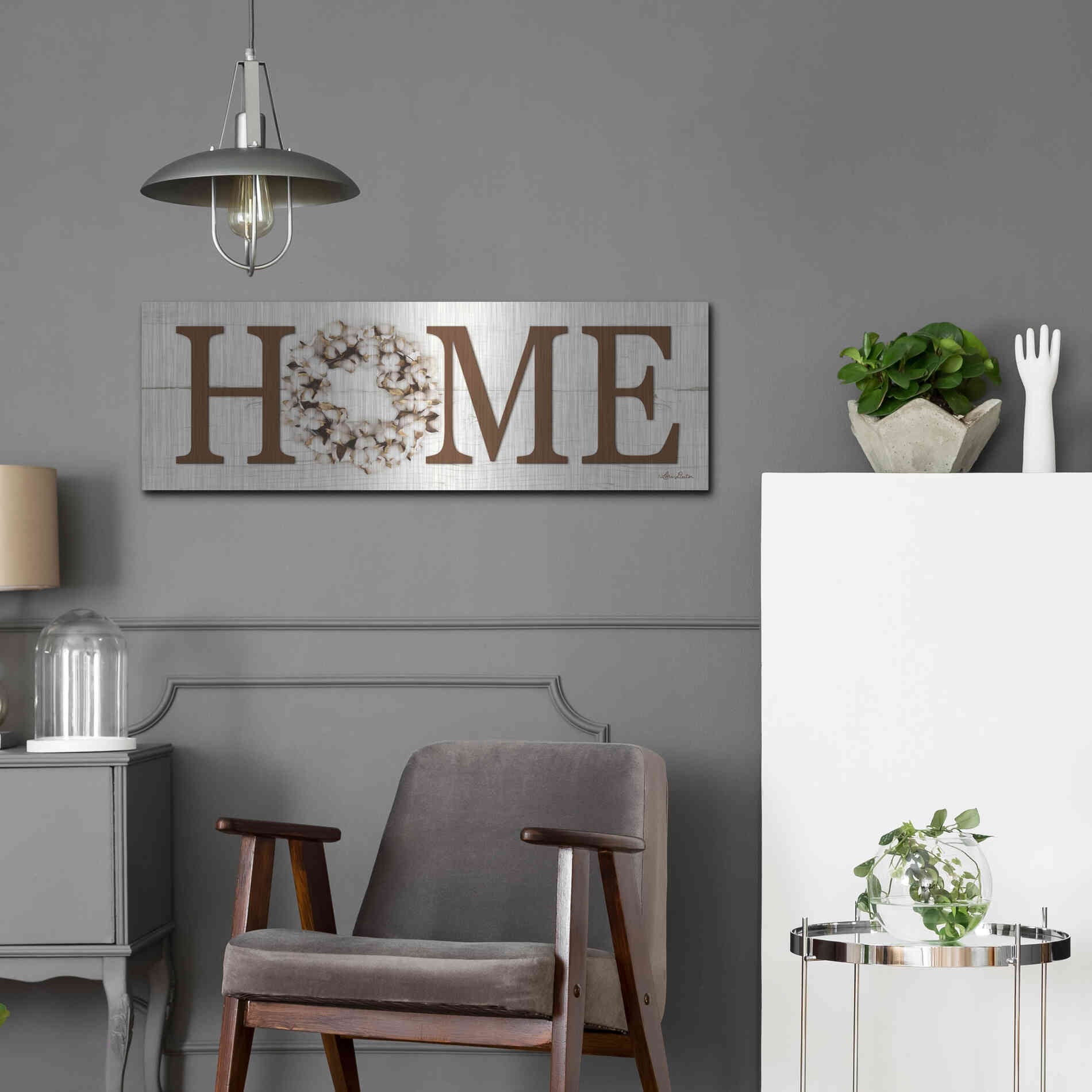 Luxe Metal Art 'Cotton Wreath Home Vertical' by Lori Deiter, Metal Wall Art,36x12