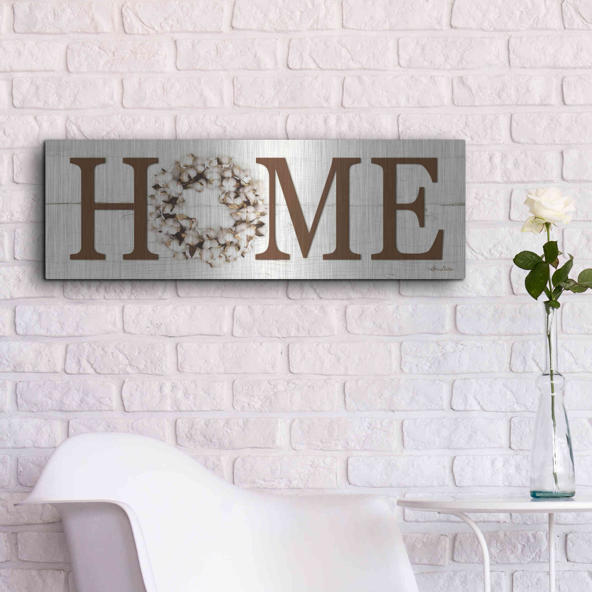 Luxe Metal Art 'Cotton Wreath Home Vertical' by Lori Deiter, Metal Wall Art,36x12