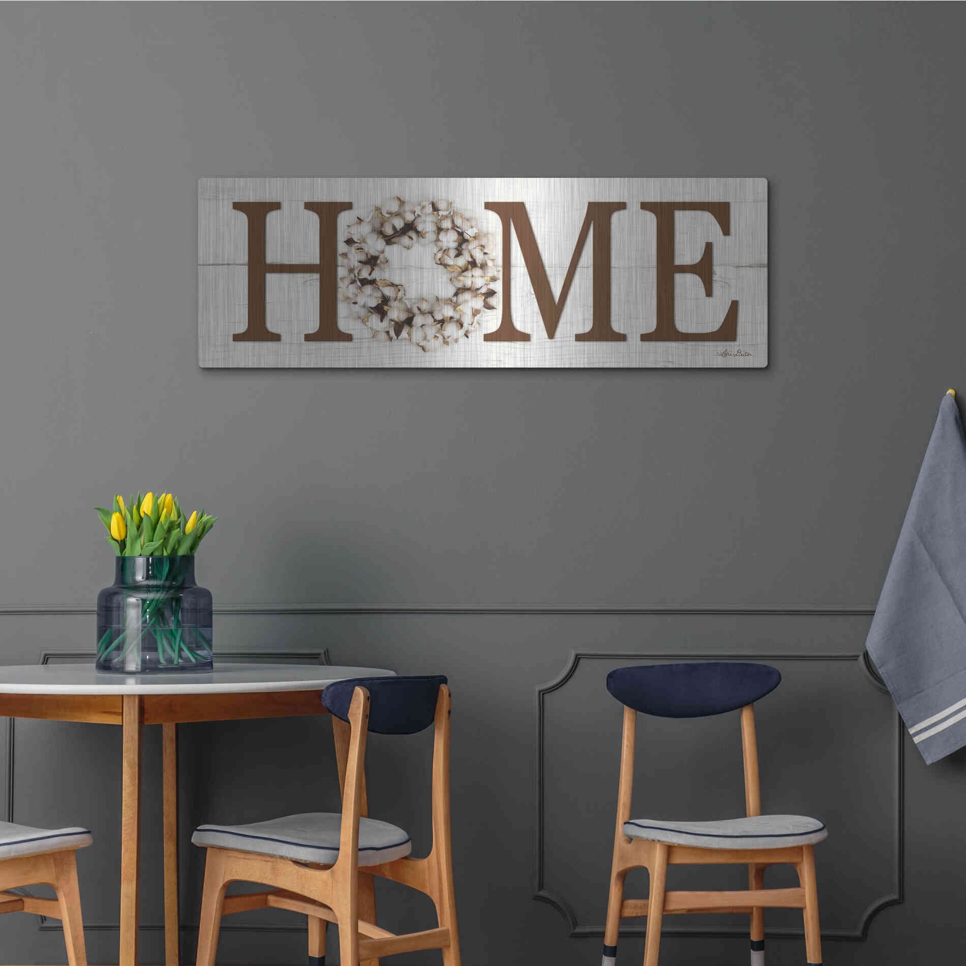 Luxe Metal Art 'Cotton Wreath Home Vertical' by Lori Deiter, Metal Wall Art,48x16