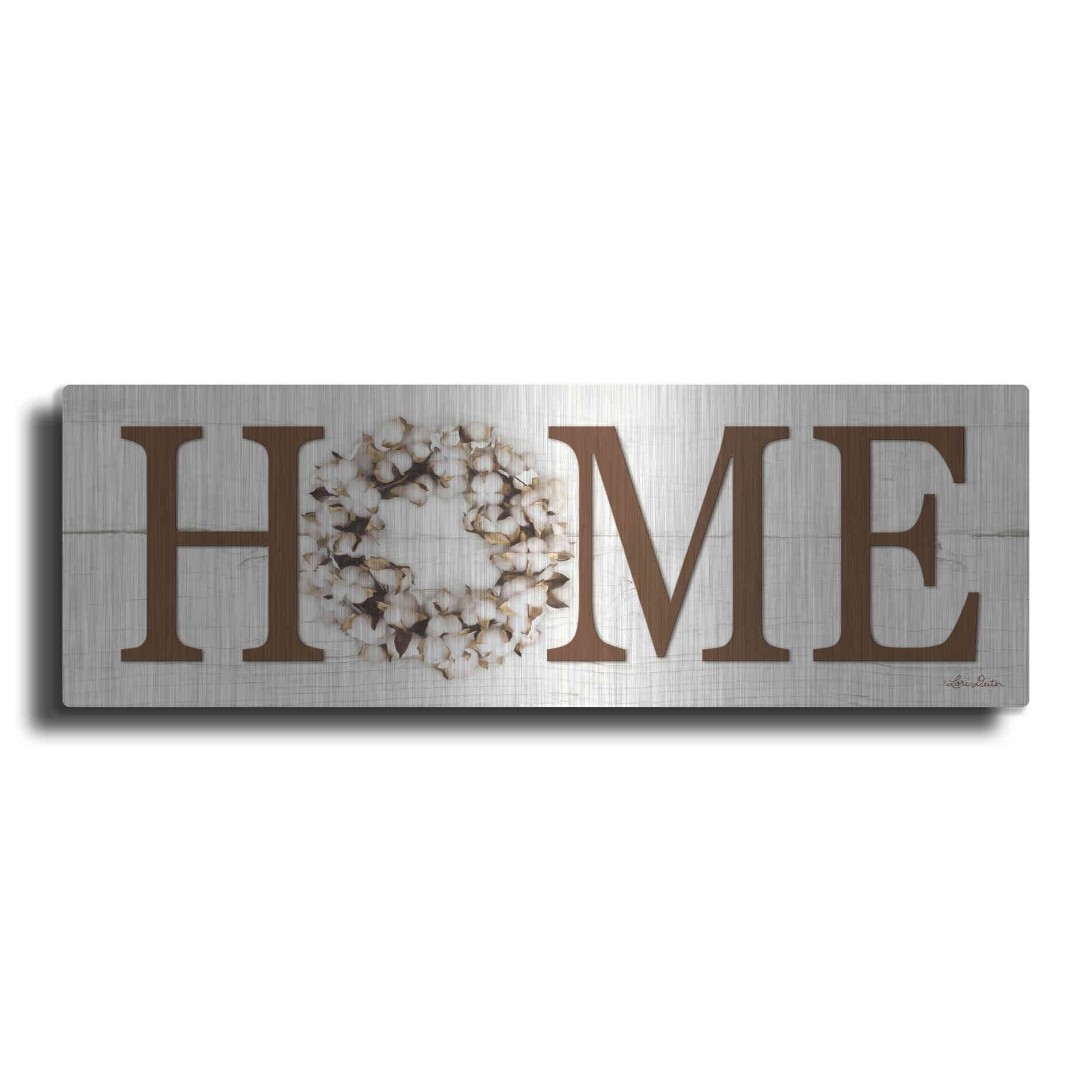 Luxe Metal Art 'Cotton Wreath Home Vertical' by Lori Deiter, Metal Wall Art