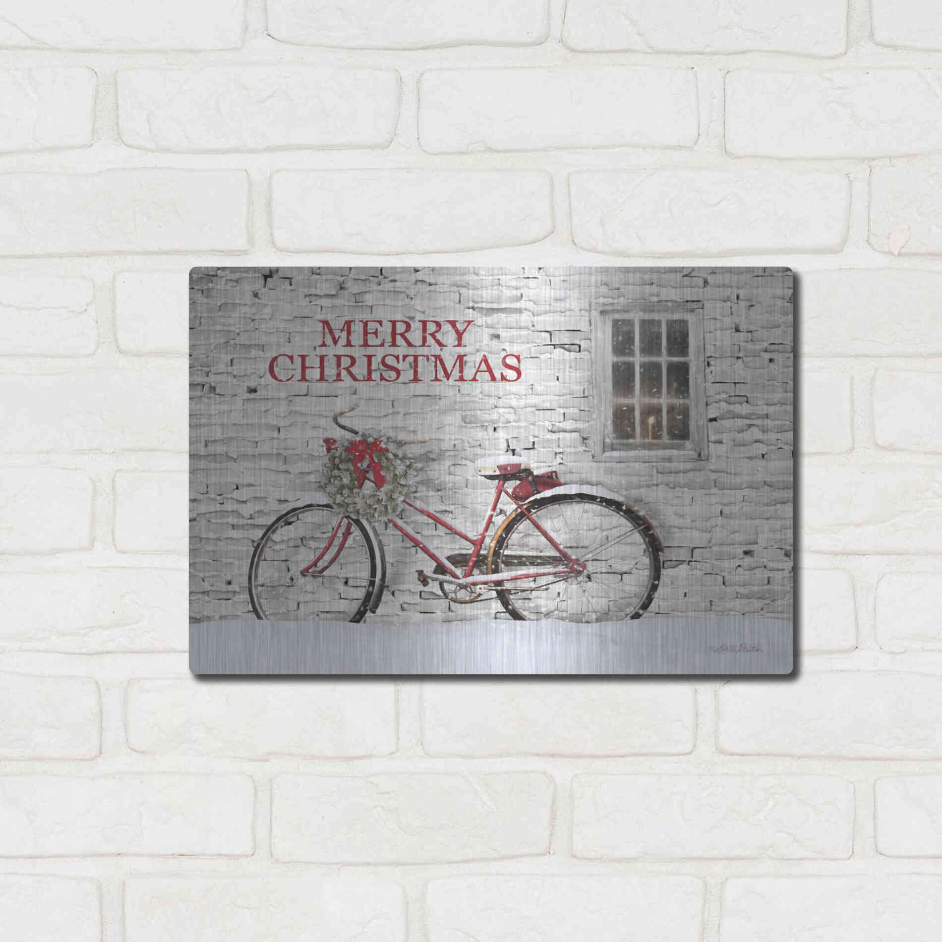 Luxe Metal Art 'Merry Christmas Bicycle' by Lori Deiter, Metal Wall Art,16x12