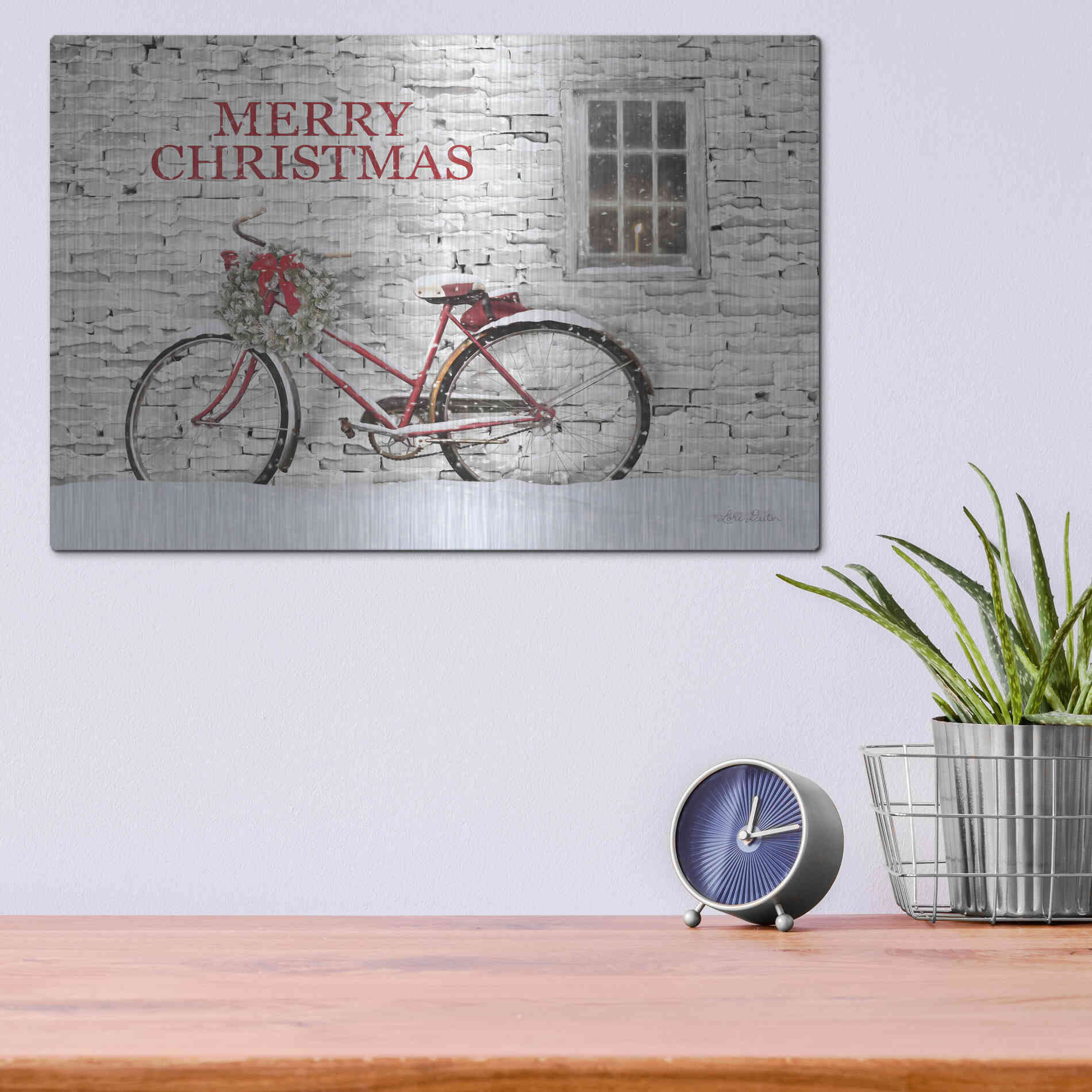 Luxe Metal Art 'Merry Christmas Bicycle' by Lori Deiter, Metal Wall Art,16x12