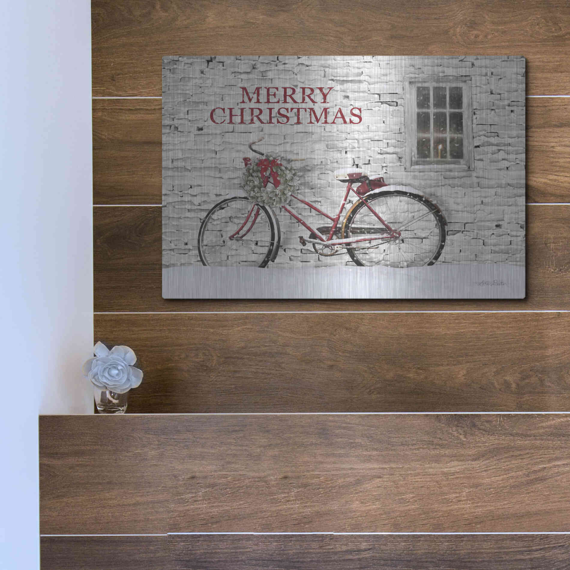 Luxe Metal Art 'Merry Christmas Bicycle' by Lori Deiter, Metal Wall Art,16x12