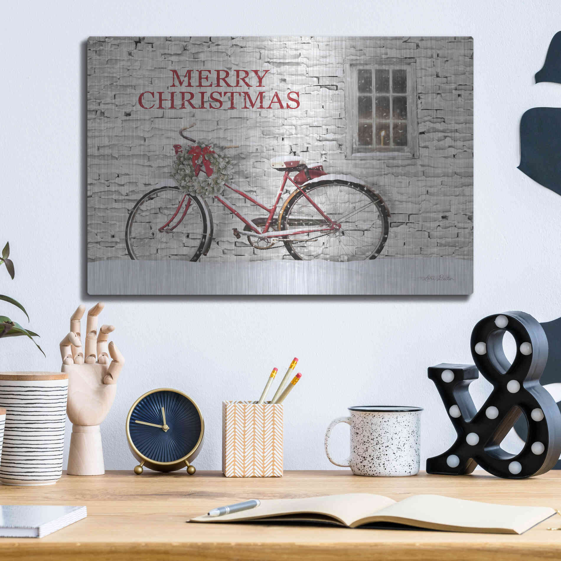 Luxe Metal Art 'Merry Christmas Bicycle' by Lori Deiter, Metal Wall Art,16x12