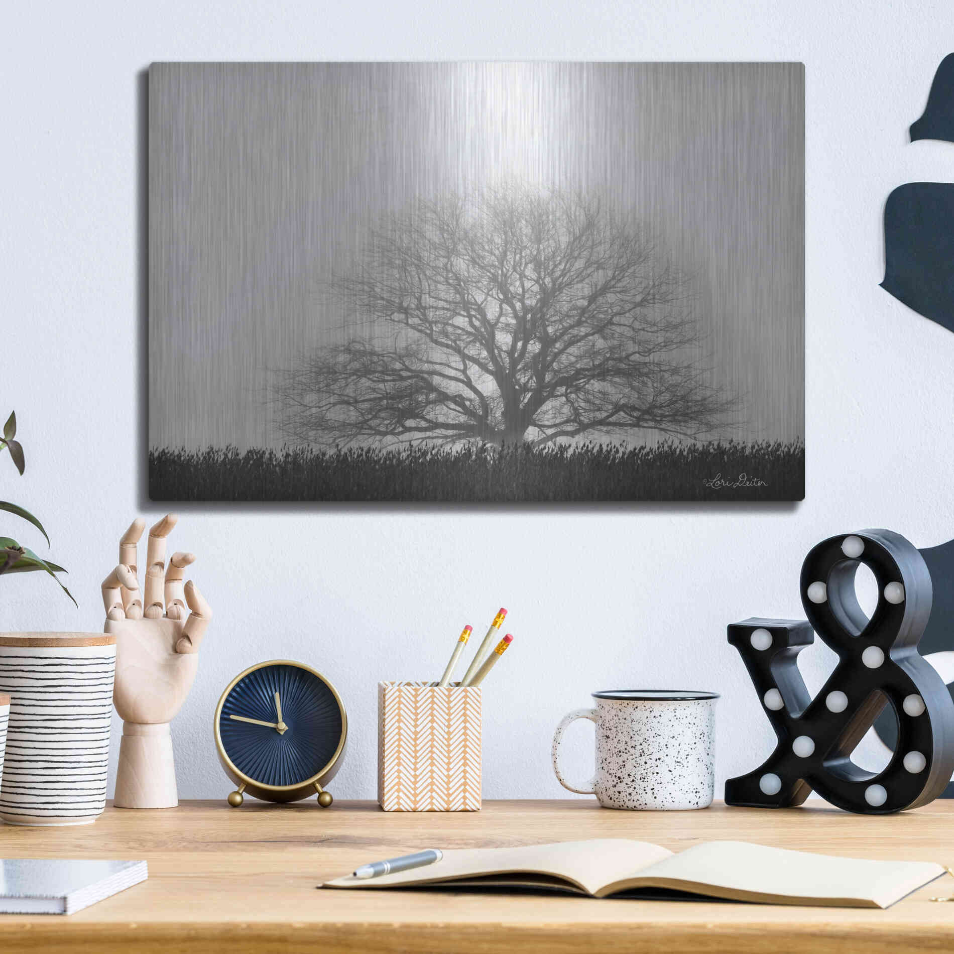 Luxe Metal Art 'Foggy Old Tree' by Lori Deiter, Metal Wall Art,16x12