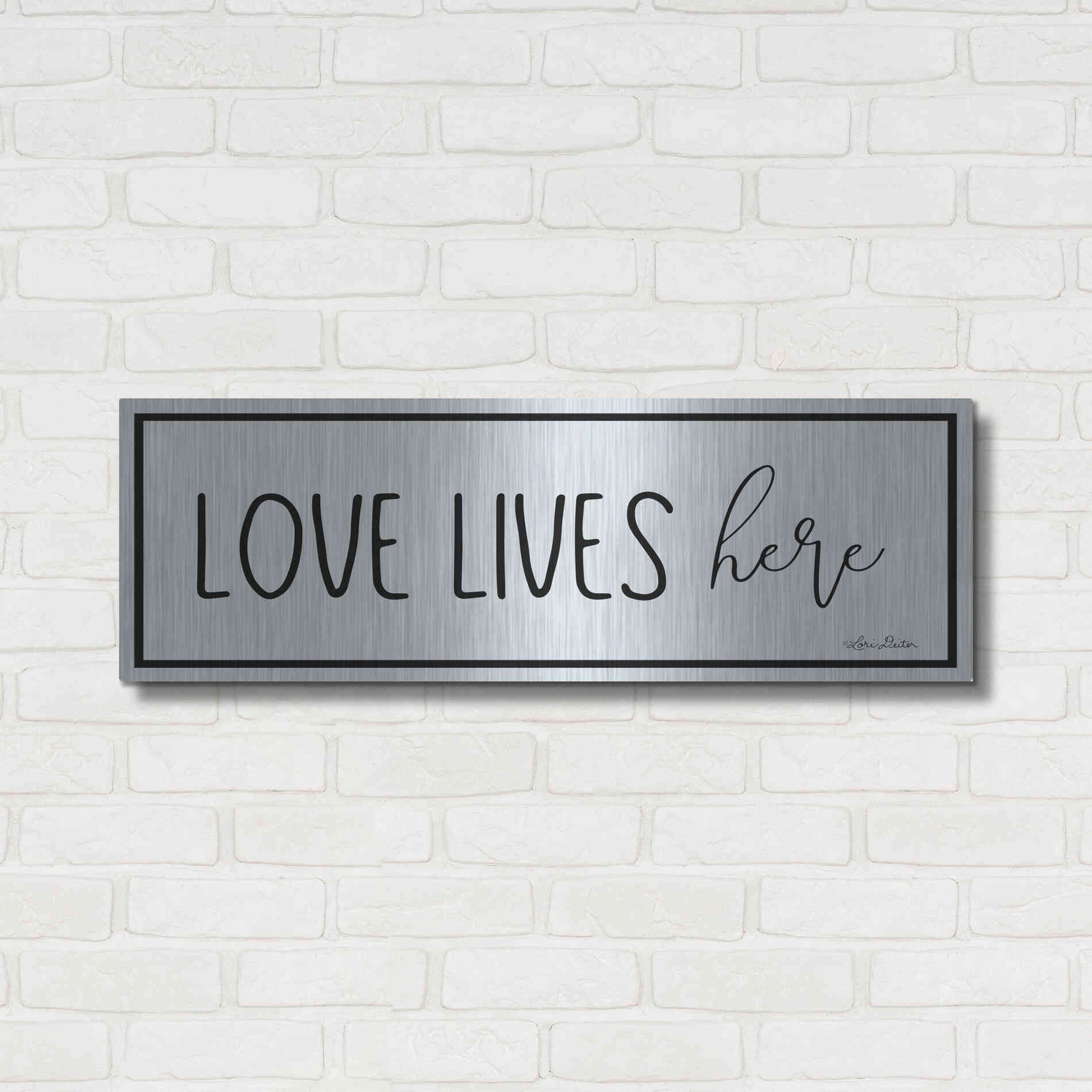 Luxe Metal Art 'Love Lives Here' by Lori Deiter, Metal Wall Art,36x12