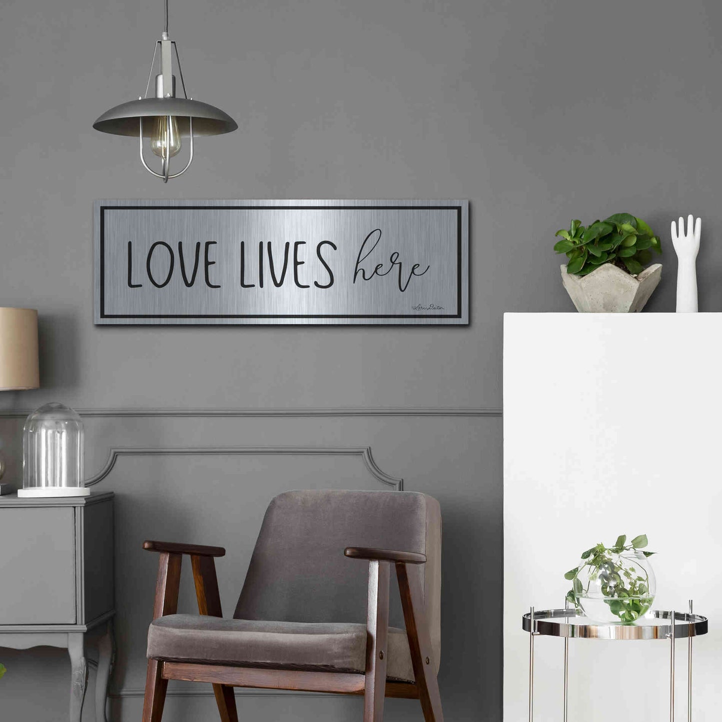 Luxe Metal Art 'Love Lives Here' by Lori Deiter, Metal Wall Art,36x12