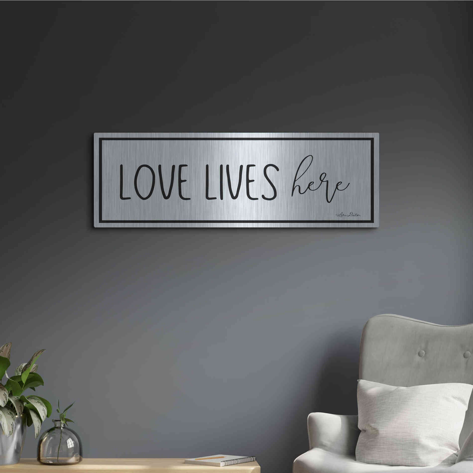 Luxe Metal Art 'Love Lives Here' by Lori Deiter, Metal Wall Art,36x12