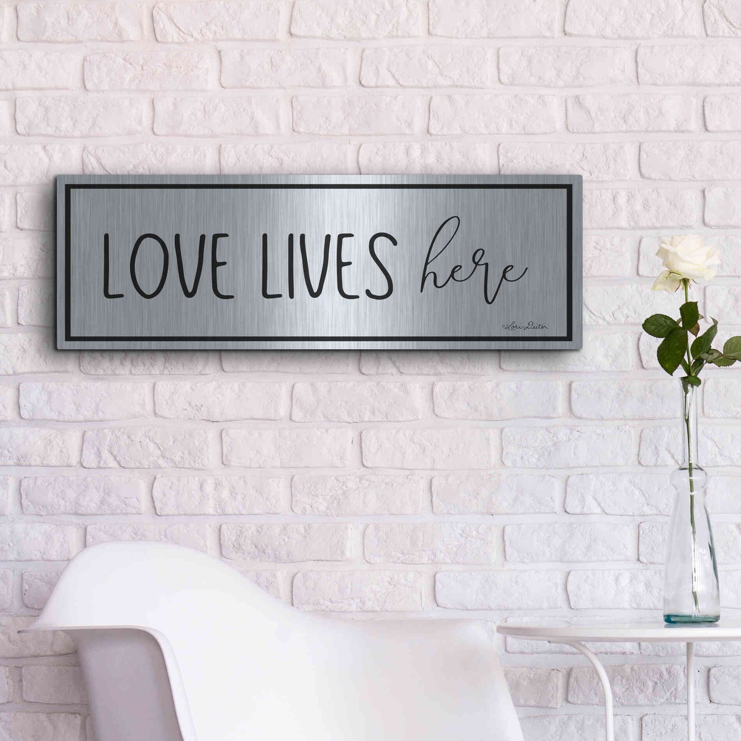Luxe Metal Art 'Love Lives Here' by Lori Deiter, Metal Wall Art,36x12