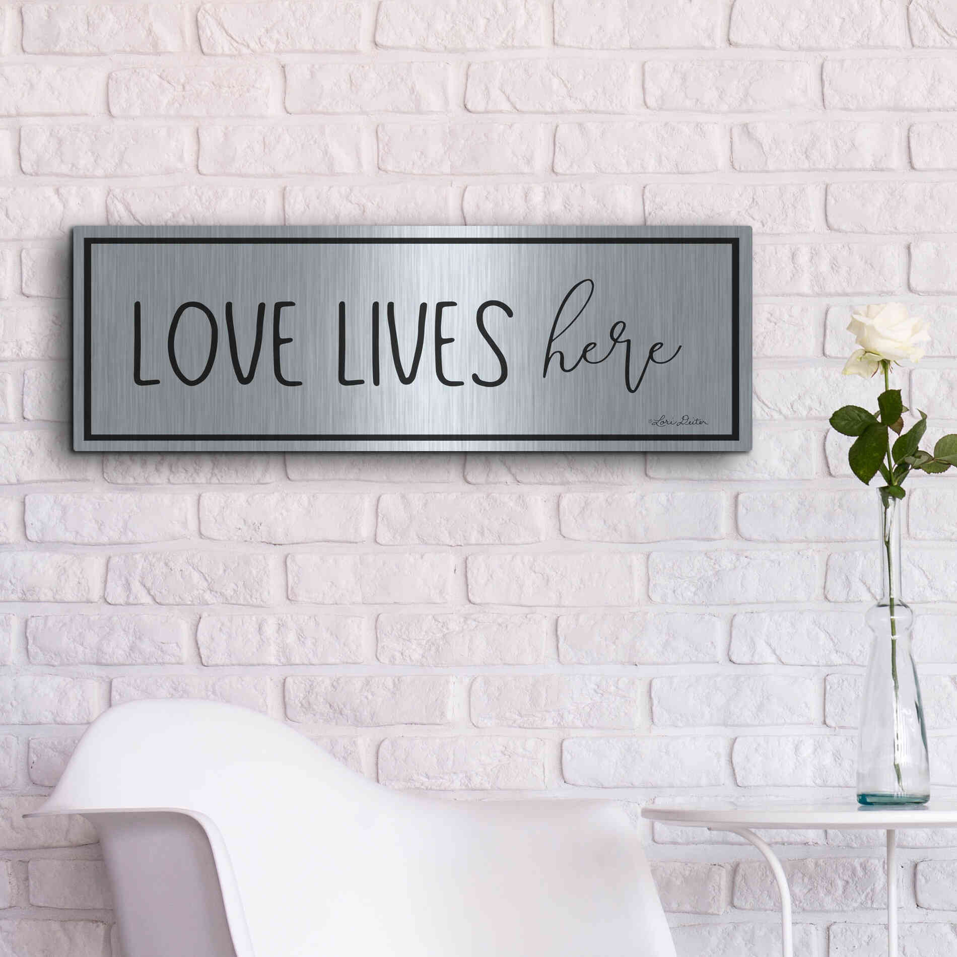 Luxe Metal Art 'Love Lives Here' by Lori Deiter, Metal Wall Art,36x12