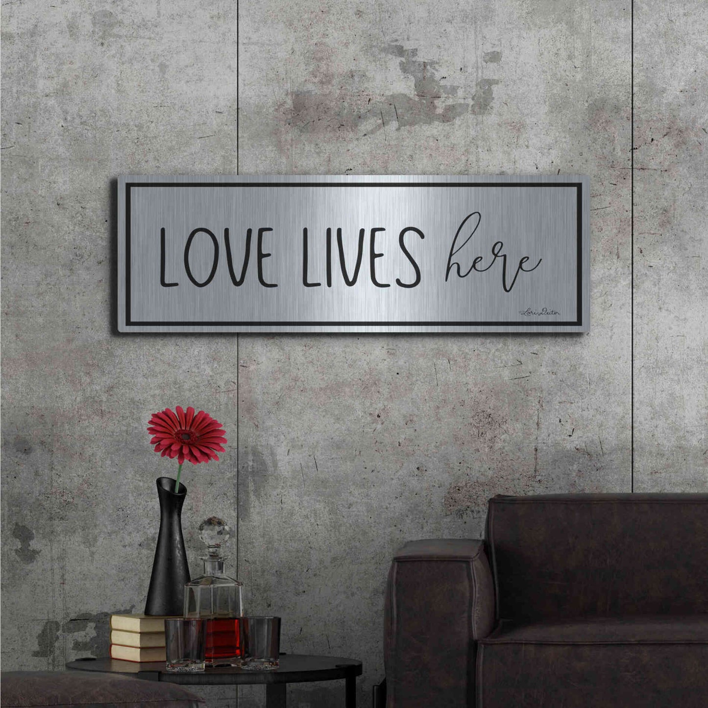 Luxe Metal Art 'Love Lives Here' by Lori Deiter, Metal Wall Art,48x16
