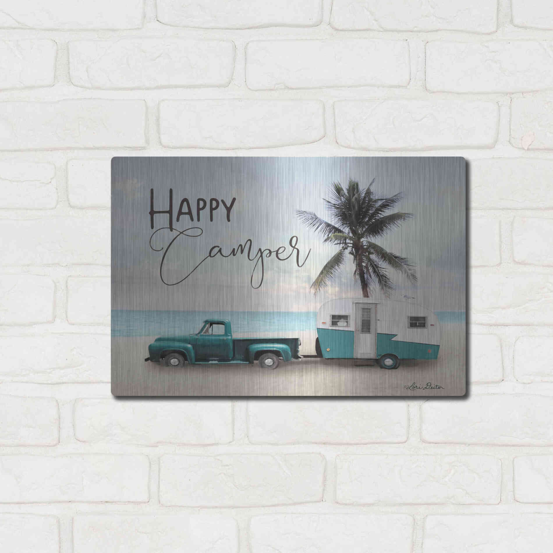 Luxe Metal Art 'Happy Camper' by Lori Deiter, Metal Wall Art,16x12