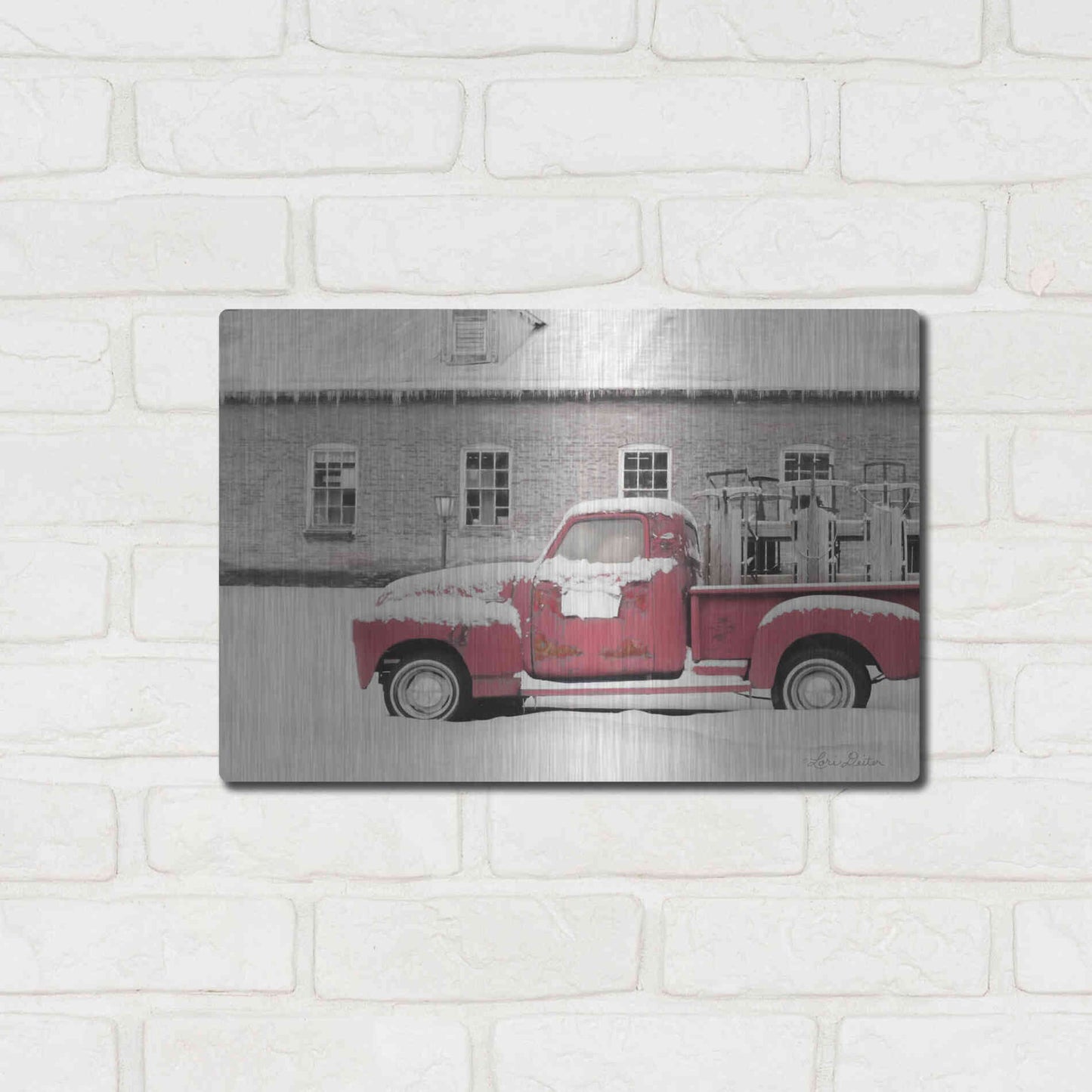Luxe Metal Art 'Old Sled Works Red Truck' by Lori Deiter, Metal Wall Art,16x12