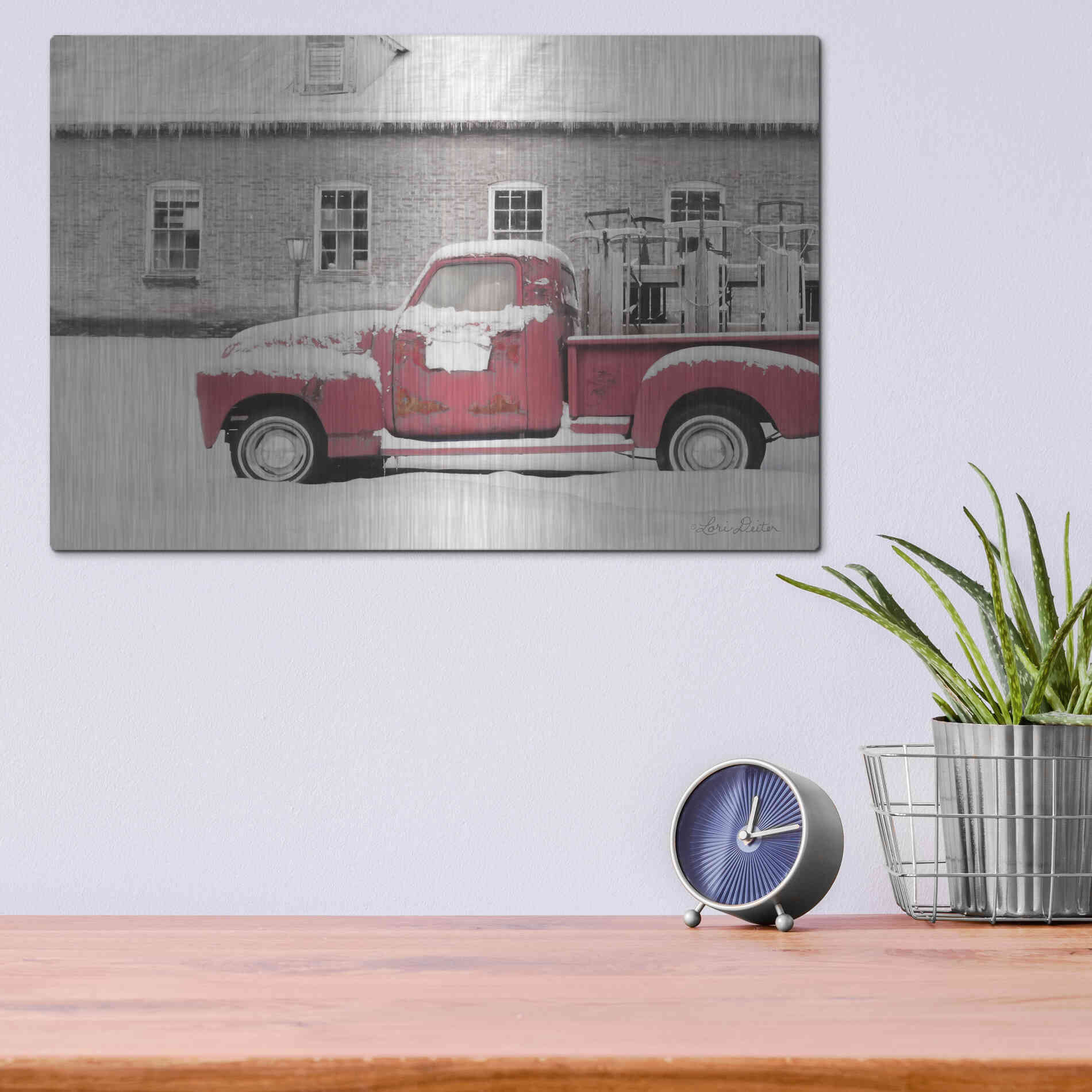 Luxe Metal Art 'Old Sled Works Red Truck' by Lori Deiter, Metal Wall Art,16x12
