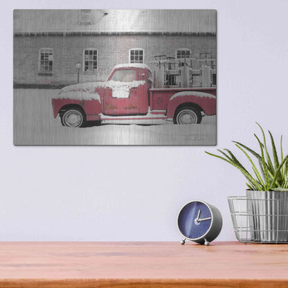Luxe Metal Art 'Old Sled Works Red Truck' by Lori Deiter, Metal Wall Art,16x12