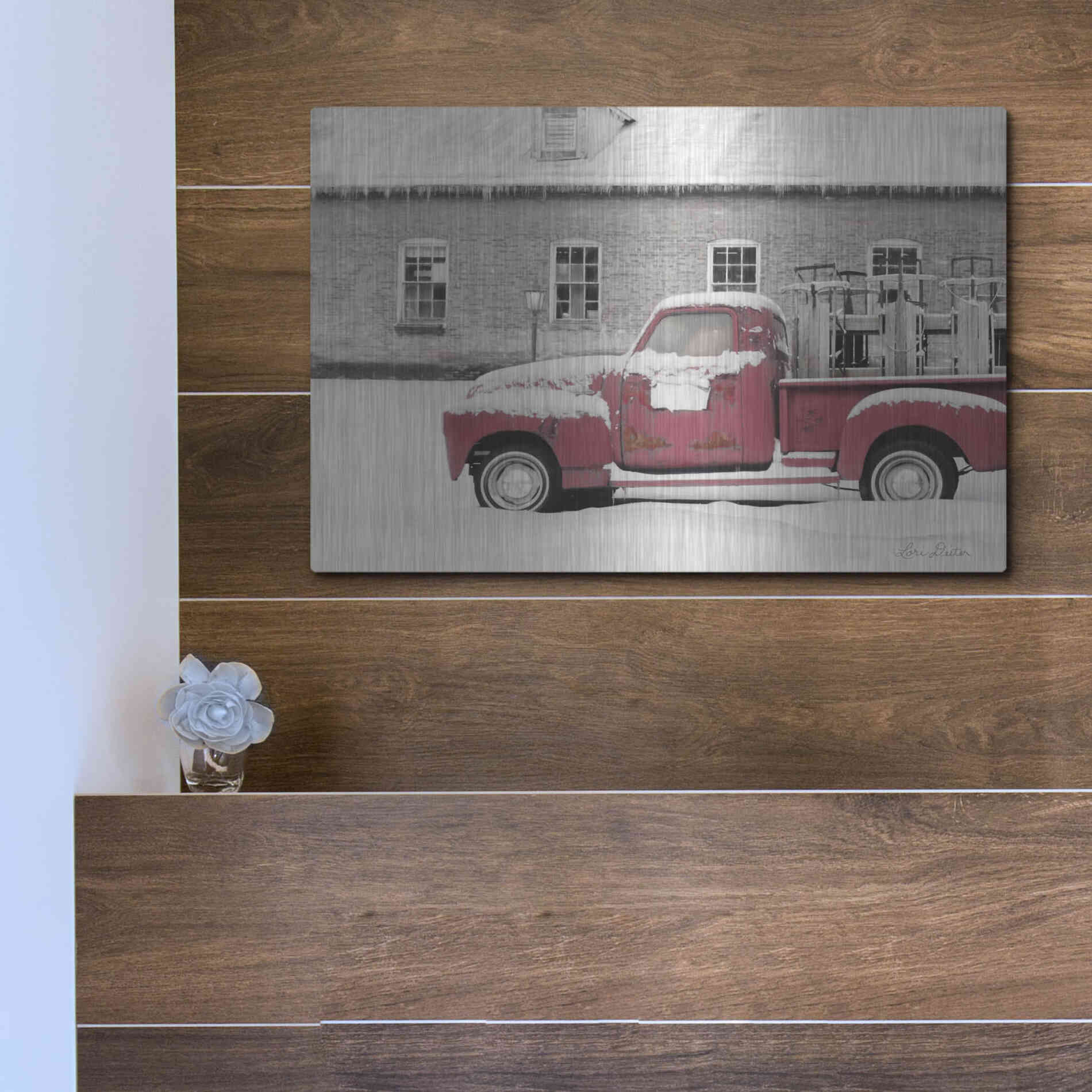 Luxe Metal Art 'Old Sled Works Red Truck' by Lori Deiter, Metal Wall Art,16x12