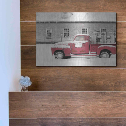 Luxe Metal Art 'Old Sled Works Red Truck' by Lori Deiter, Metal Wall Art,16x12