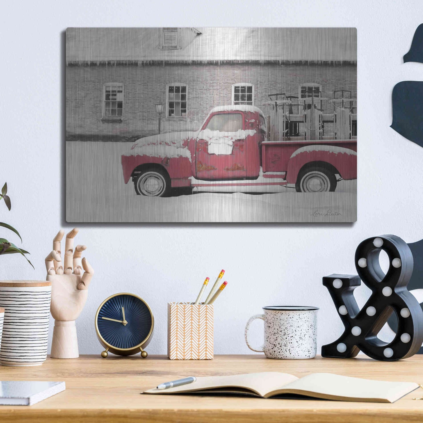 Luxe Metal Art 'Old Sled Works Red Truck' by Lori Deiter, Metal Wall Art,16x12