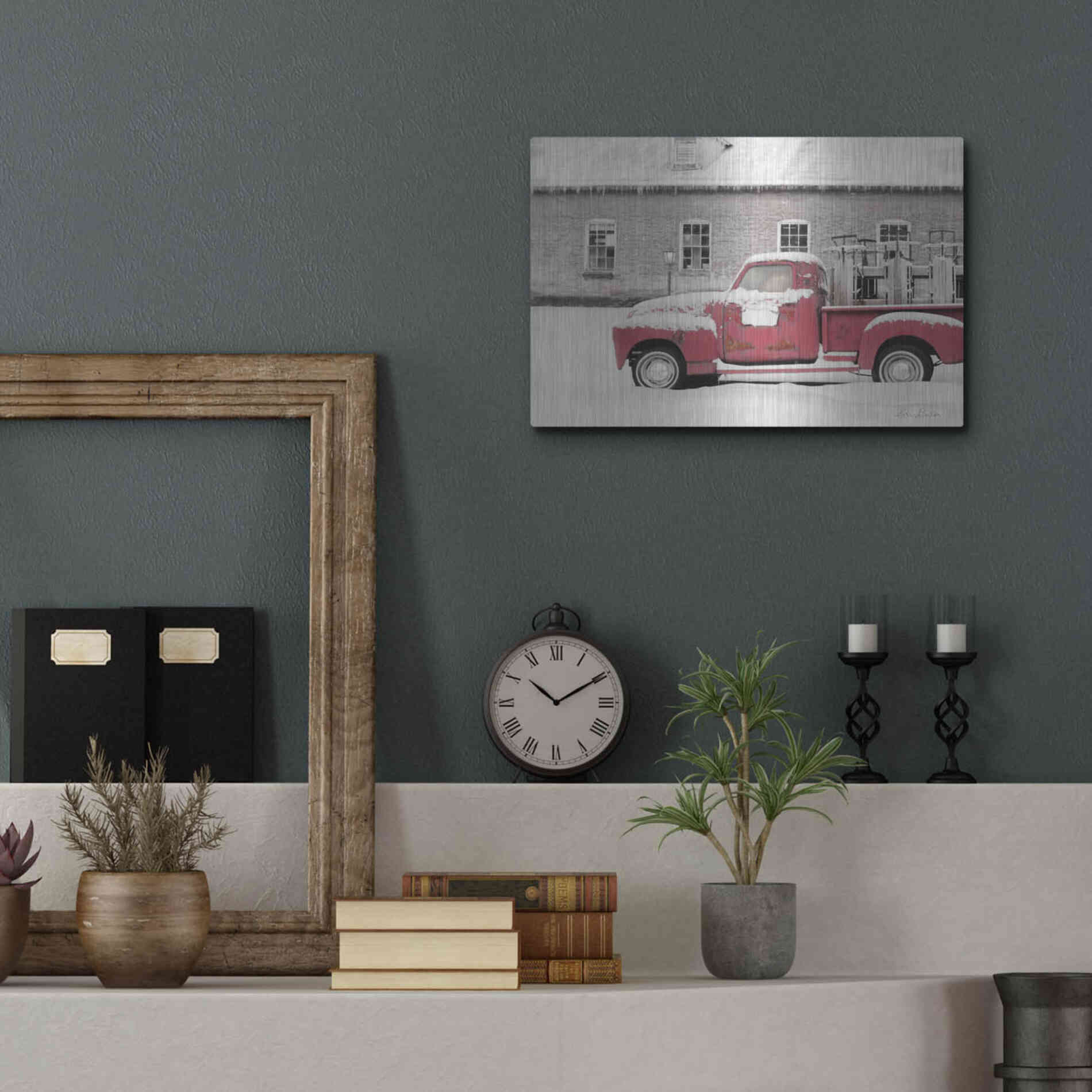 Luxe Metal Art 'Old Sled Works Red Truck' by Lori Deiter, Metal Wall Art,16x12