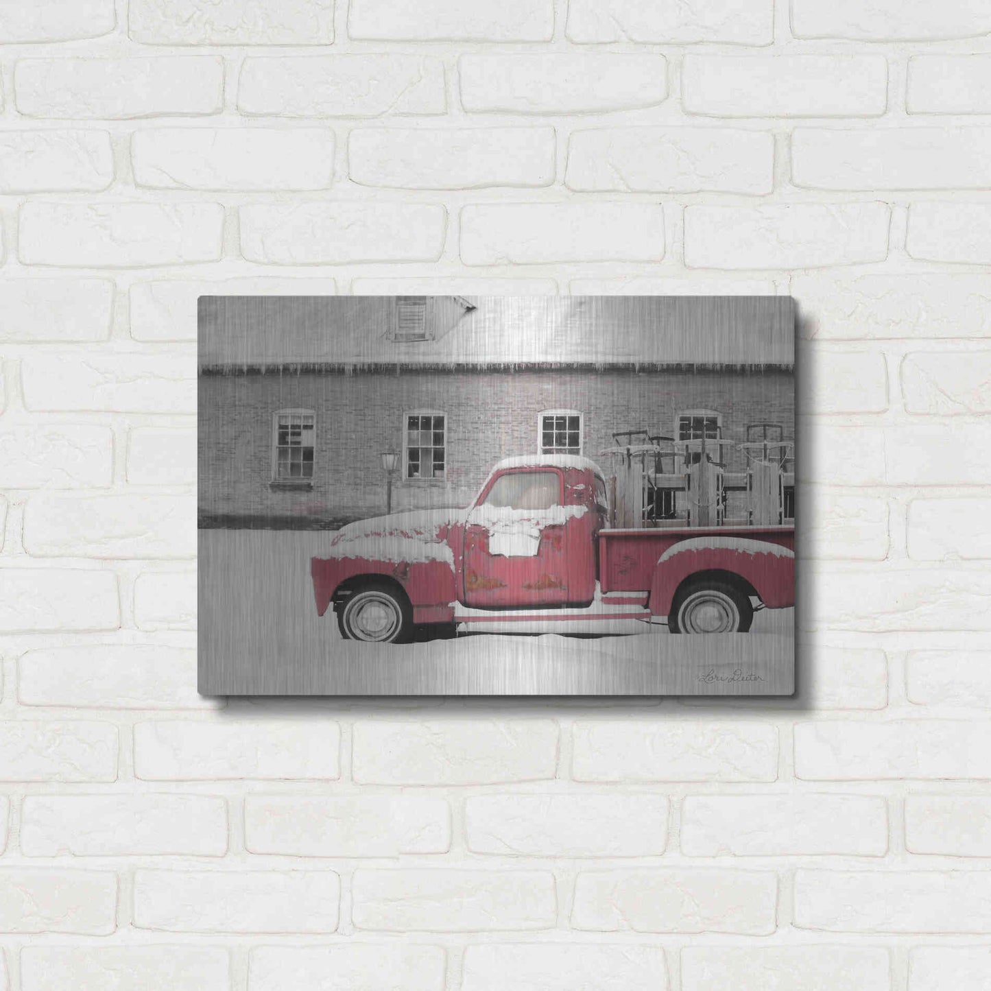 Luxe Metal Art 'Old Sled Works Red Truck' by Lori Deiter, Metal Wall Art,24x16