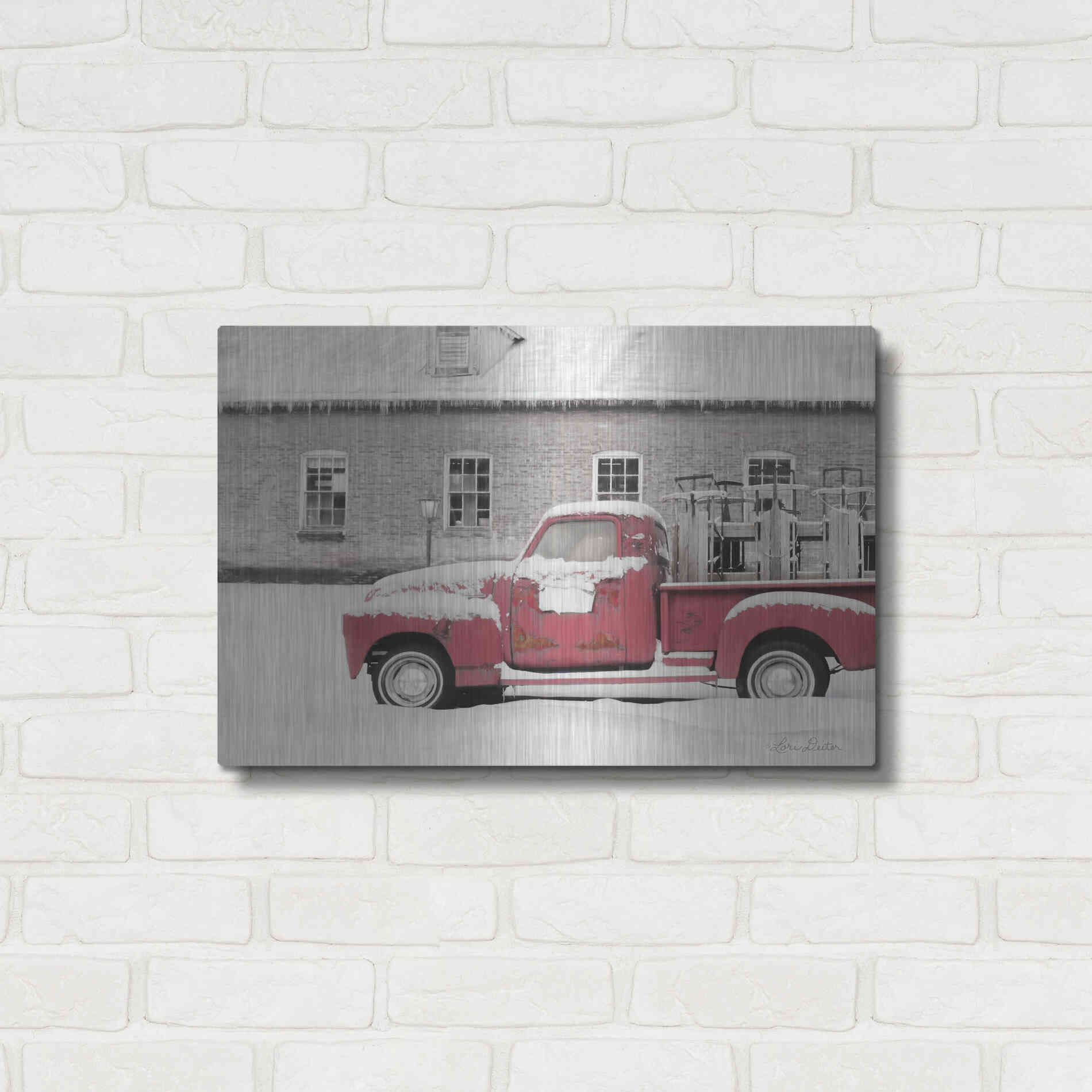 Luxe Metal Art 'Old Sled Works Red Truck' by Lori Deiter, Metal Wall Art,24x16