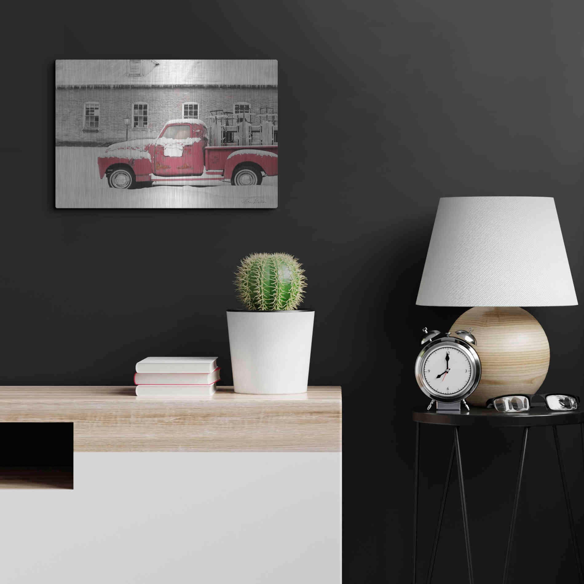 Luxe Metal Art 'Old Sled Works Red Truck' by Lori Deiter, Metal Wall Art,24x16